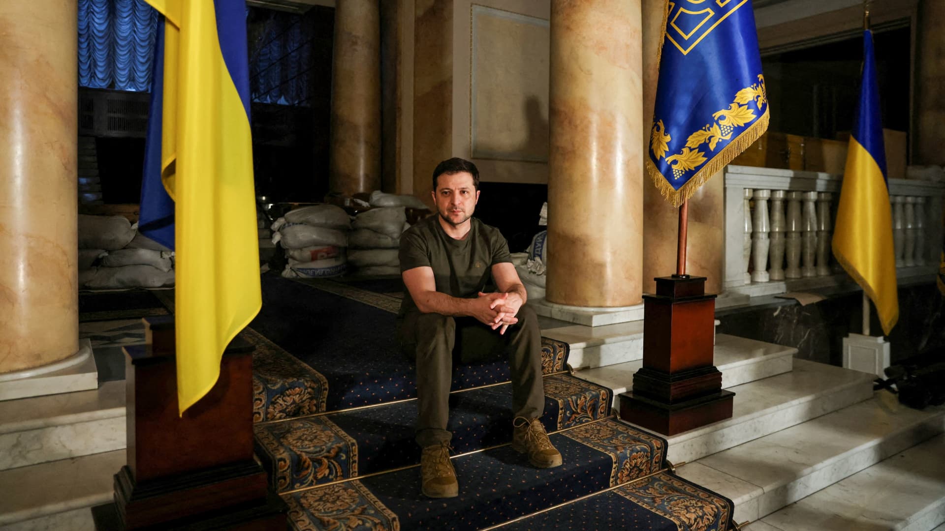 Ukrainian President Volodymyr Zelenskiy poses after an interview with Reuters in Kyiv, Ukraine, March 1, 2022.