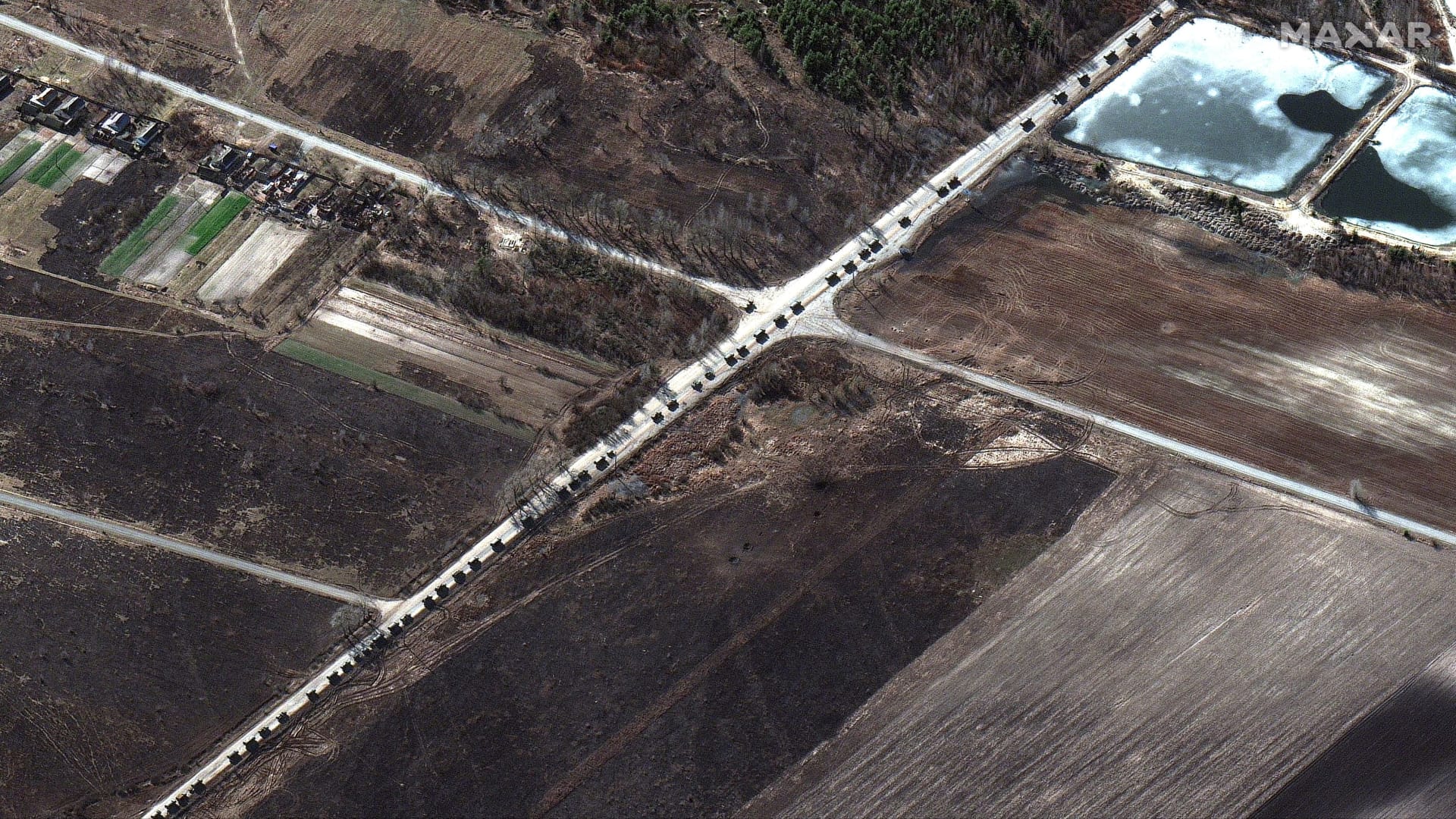 A satellite image shows a military convoy near Invankiv, Ukraine February 28, 2022.