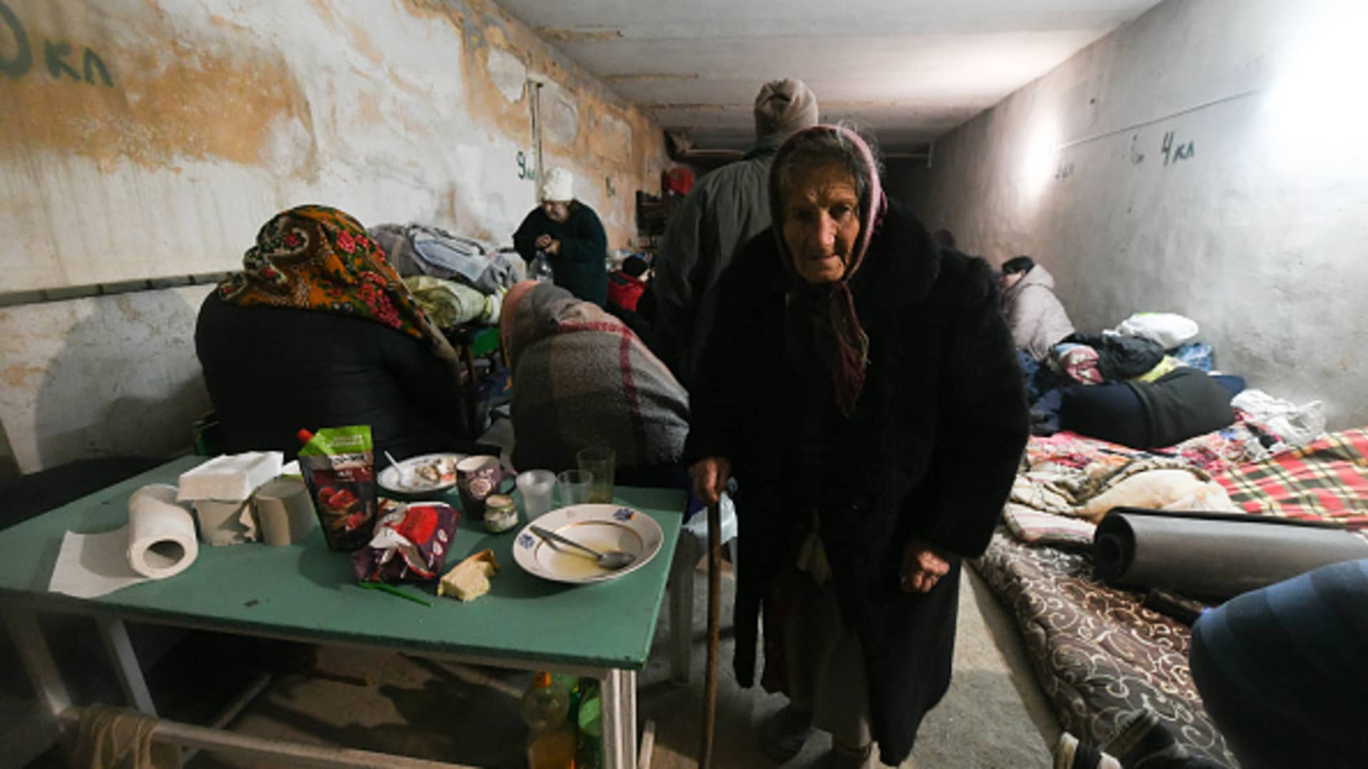Residents stay in a bomb shelter after recent shellings in the separatist-controlled settlements in Mykolayivkaand Bugas in the Donetsk regionof Ukraine on March 01, 2022.