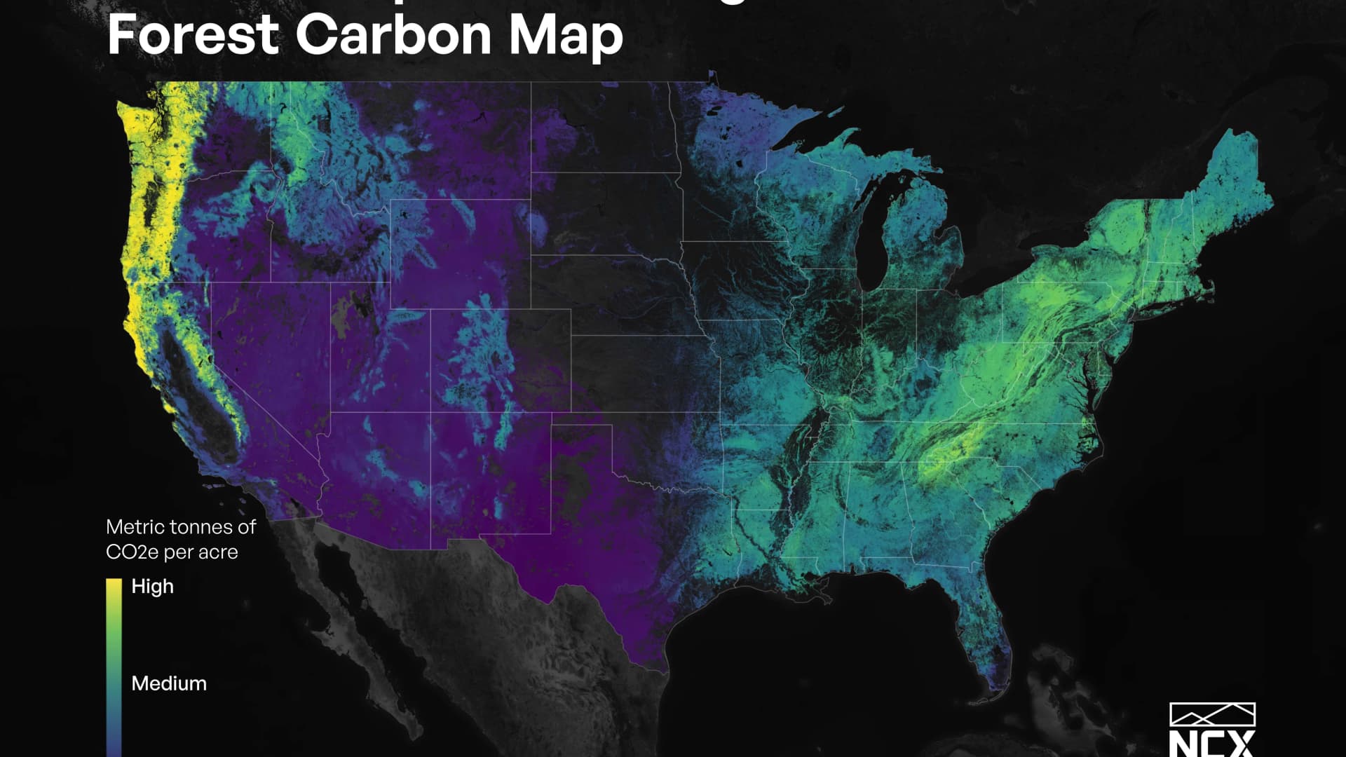 A satellite image from NCX showing the carbon dioxide equivalent (CO2e) per acre.