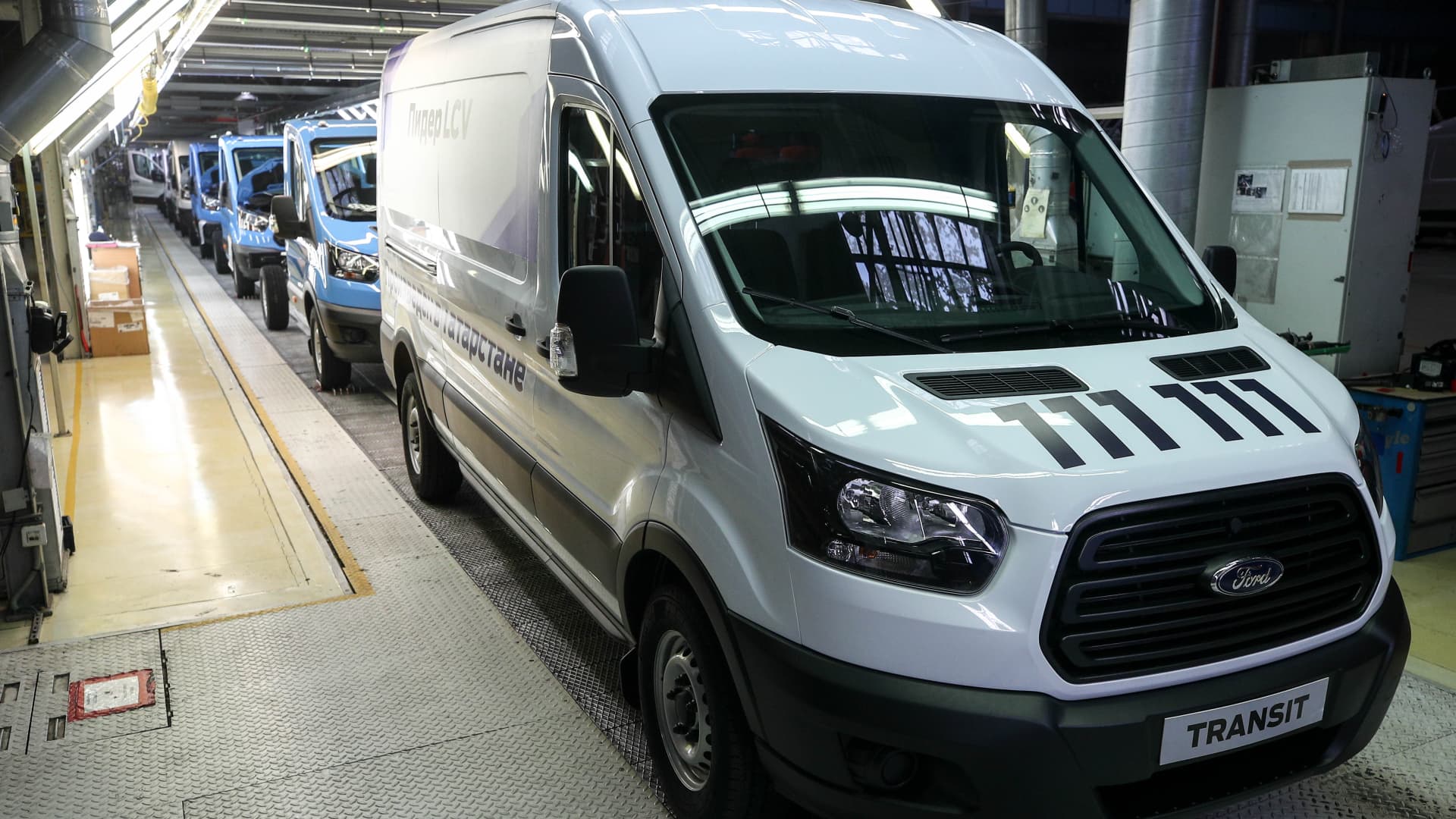 The 111,111th Ford Transit car manufactured at the Ford Sollers car factory in the town of Yelabuga in Russia's Republic of Tatarstan.