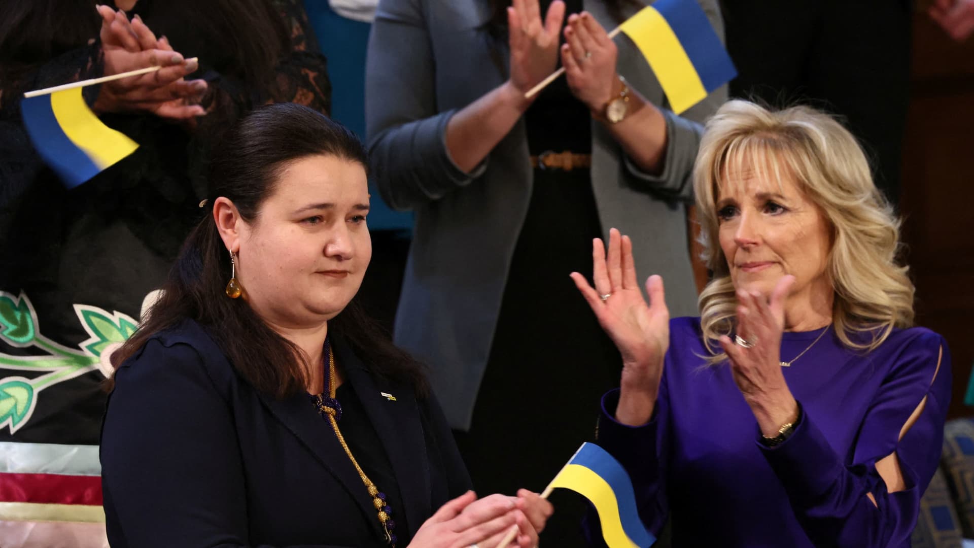 U.S. first lady Jill Biden applauds her guest Ukrainian Ambassador to the U.S. Oksana Markarova in the first lady's box as President Joe Biden welcomes Markarova during his State of the Union address to a joint session of the U.S. Congress in the House of Representatives Chamber at the Capitol in Washington, U.S. March 1, 2022.