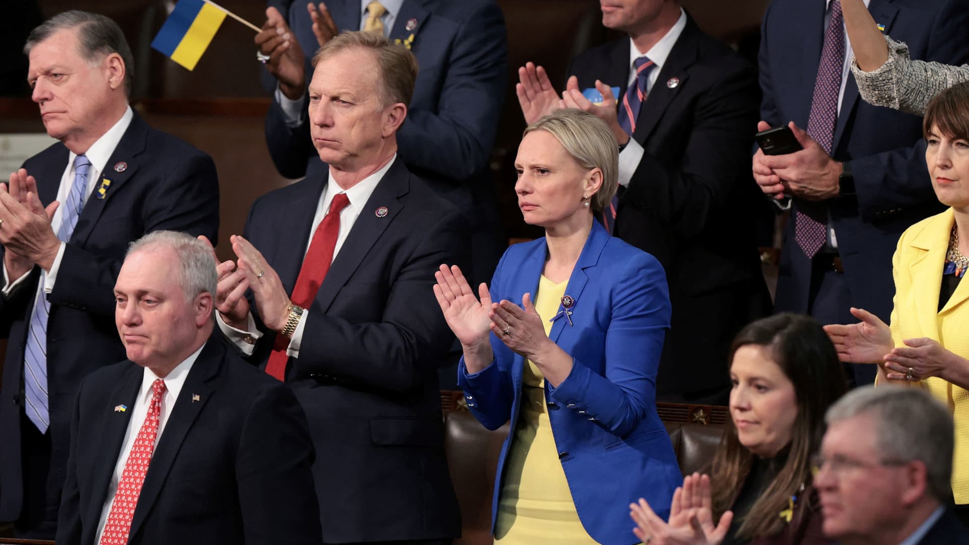Ukrainian-American Rep. Victoria Spartz (R-IN) wears the colors of the Ukrainian flag as she and other Republicans applaud for U.S. President Joe Biden during the State of the Union address in the U.S. Capitol's House Chamber March 1, 2022 in Washington, DC, U.S.
