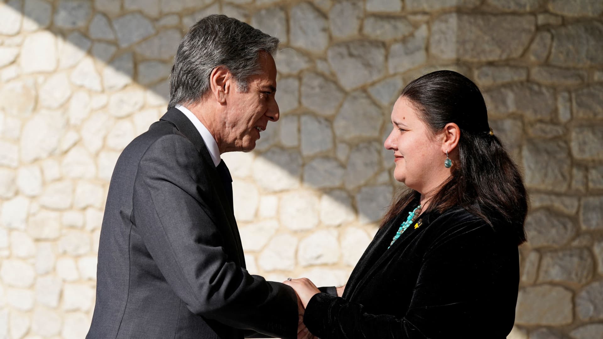 U.S. Secretary of State Antony Blinken is greeted by Ukrainian Ambassador to the U.S. Oksana Markarova during a visit to Ukrainian Catholic National Shrine of the Holy Family to show support for the Ukrainian people amid the ongoing Russian invasion, in Washington, U.S., March 2, 2022.