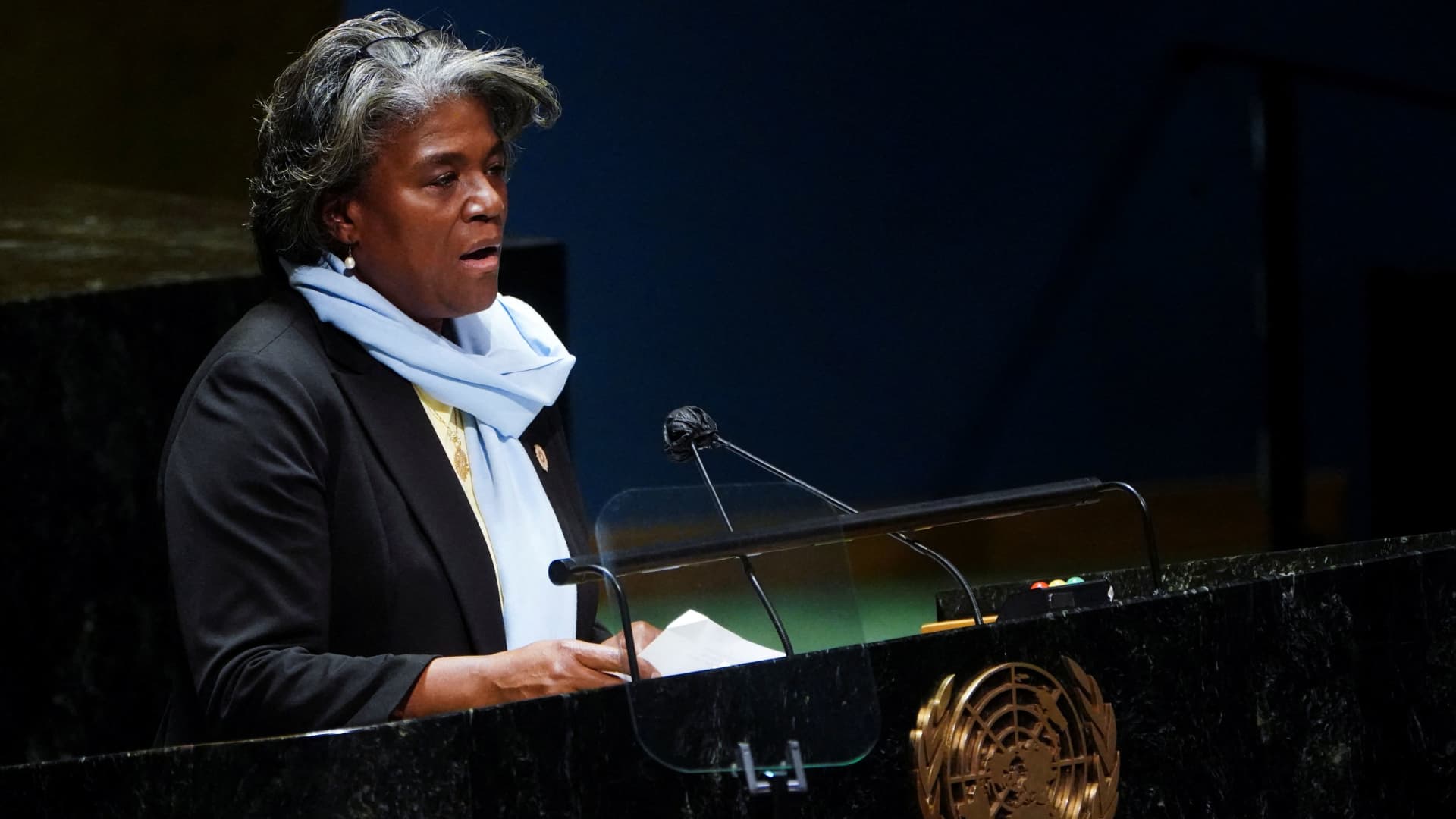 U.S. Ambassador to the UN Linda Thomas-Greenfield speaks at the 11th emergency special session of the 193-member U.N. General Assembly on Russia's invasion of Ukraine, at the United Nations Headquarters in Manhattan, New York City, U.S., March 2, 2022.