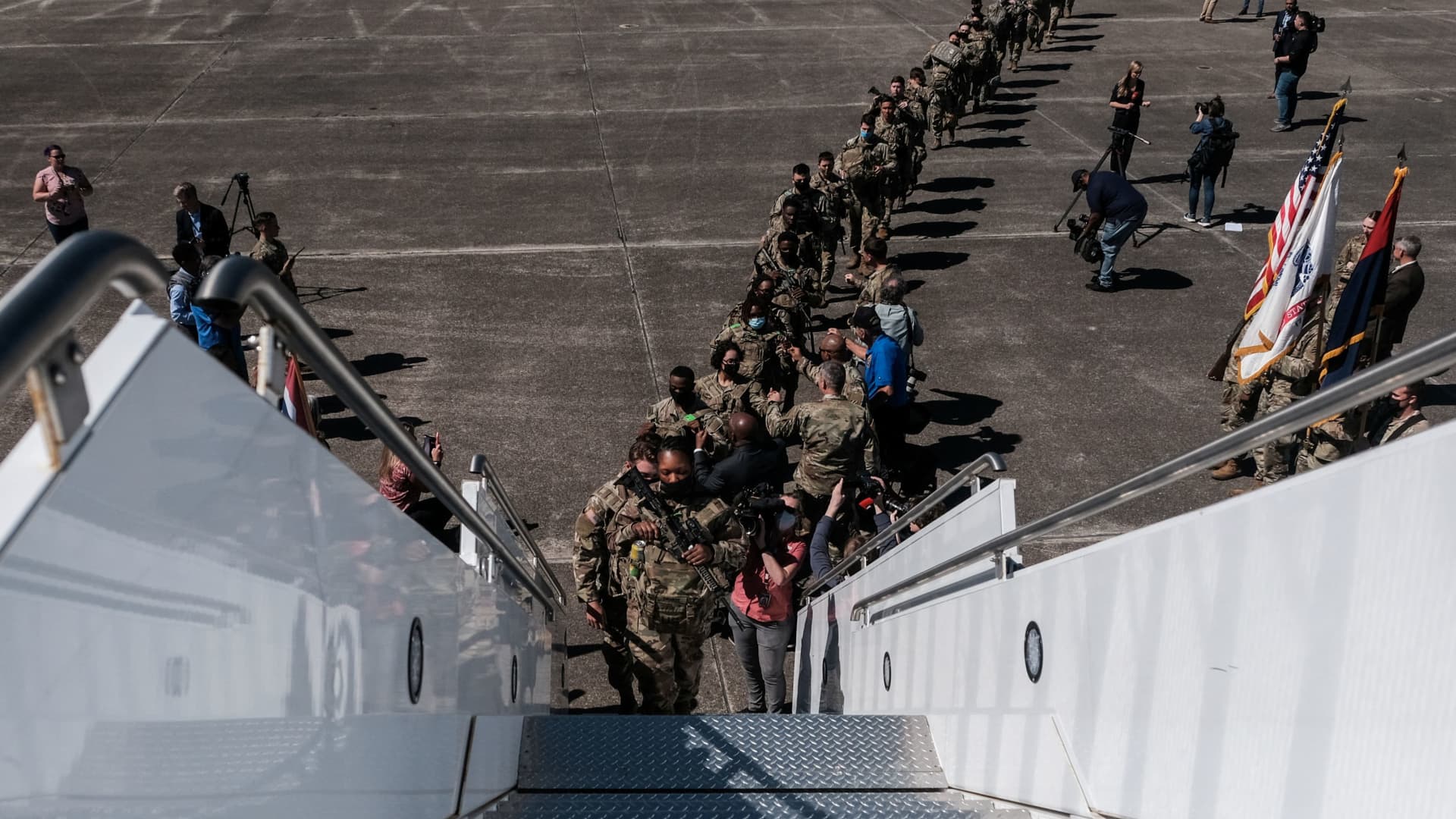 Soldiers from the U.S. Army’s 1st Armored Brigade Combat Team board a transport plane bound for eastern Europe on a deployment launched in response to the invasion of Ukraine by Russia, at Hunter Army Airfield, Georgia , U.S., March 2, 2022.