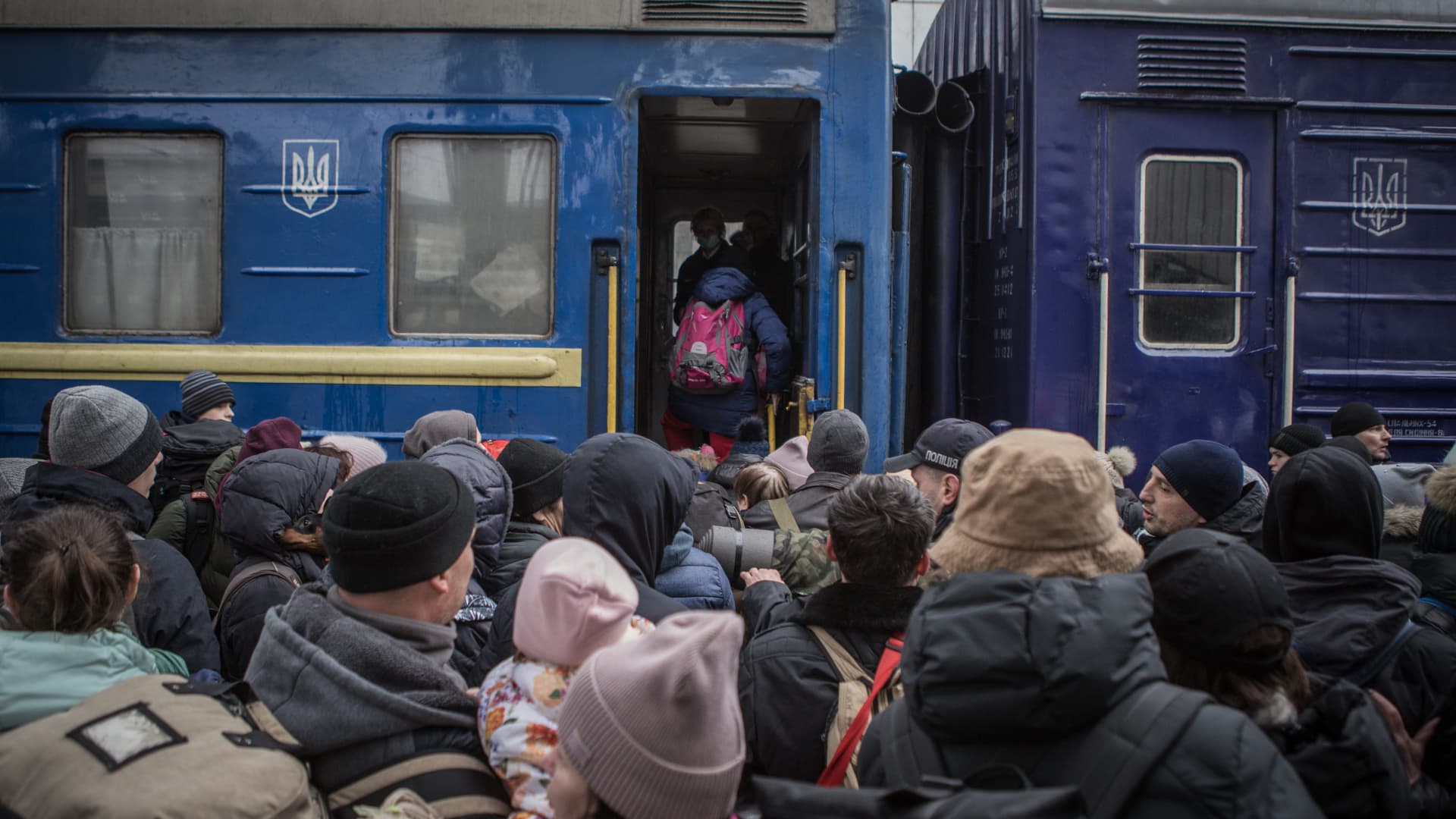 People wait to depart to Lviv by train on the 7th day since start of large-scale Russian attacks in the country, in Dnipro, Ukraine on March 02, 2022.