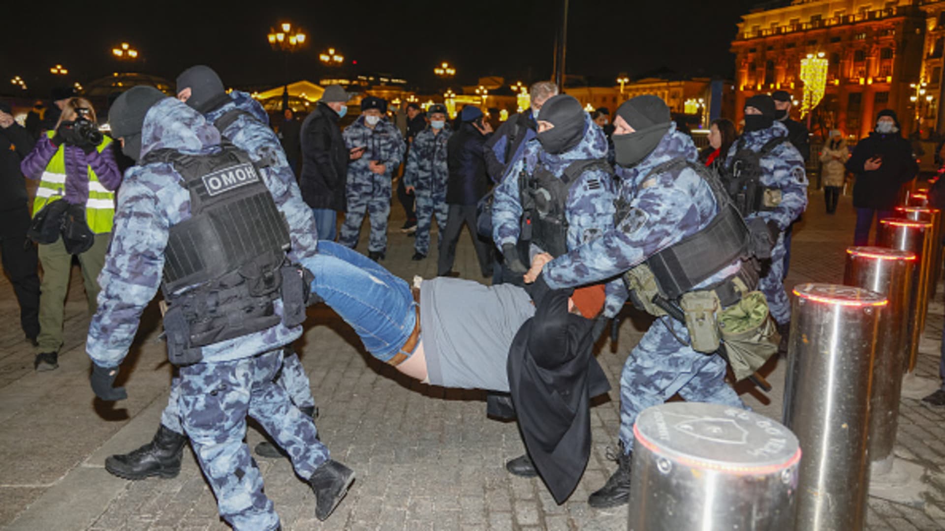 Security forces take anti-war protesters into custody in Moscow, Russia on March 02, 2022.