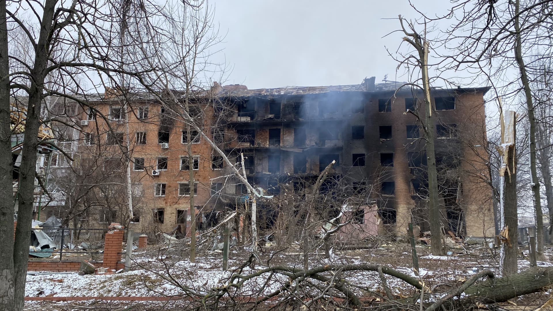 A five-storey hostel in Vasylkiv, Kyiv Region, northern Ukraine, shows the damage caused by Russian rockets.