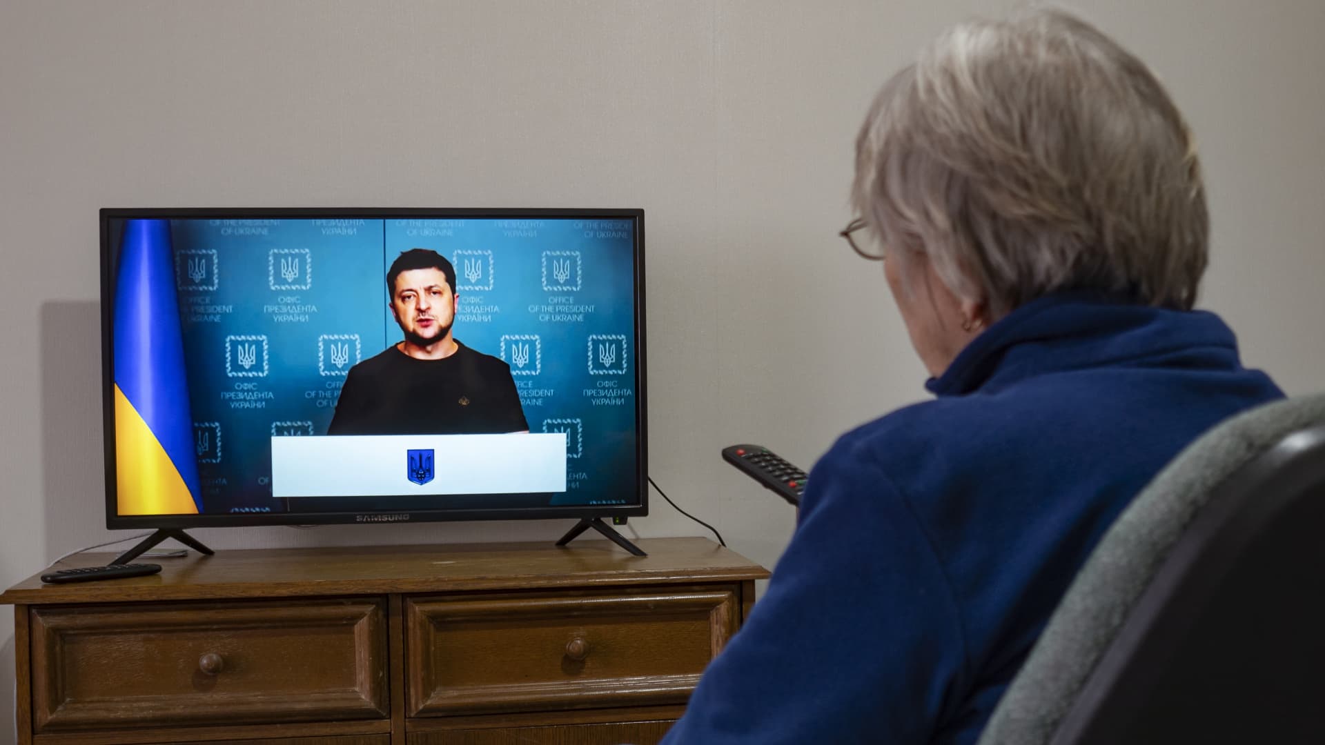 President Volodymyr Zelensky delivers an urgent televised address to the Ukrainian nation on March 2, 2022.