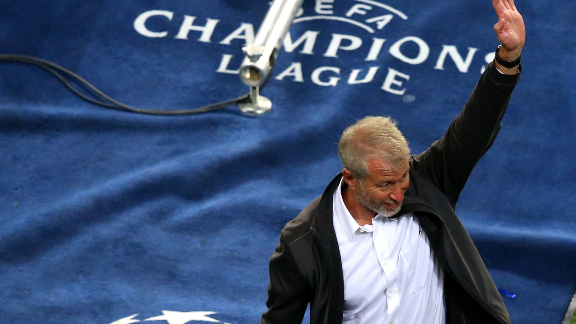 Roman Abramovich, owner of Chelsea, waves at fans after the UEFA Champions League Final between Manchester City and Chelsea FC at Estadio do Dragao on May 29, 2021, in Porto, Portugal.