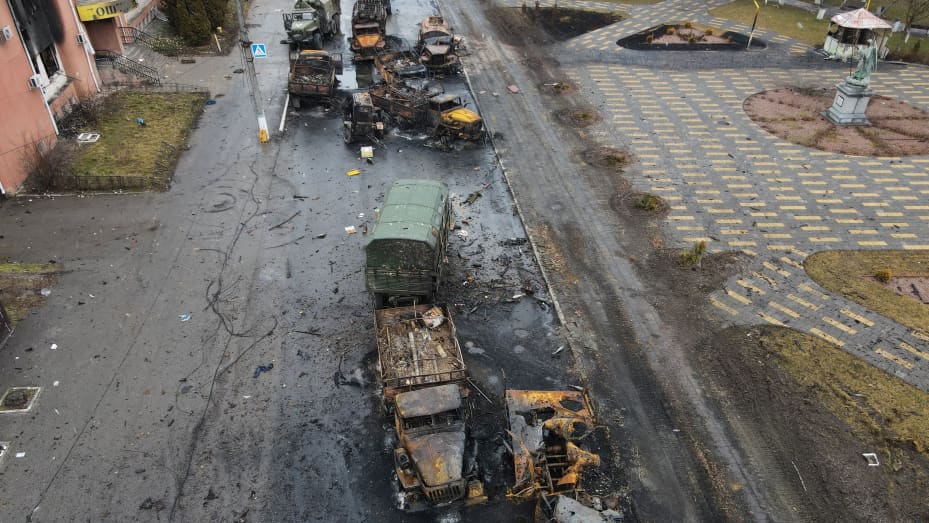 Destroyed Russian military vehicles are seen on a street in the settlement of Borodyanka, as Russia's invasion of Ukraine continues, in the Kyiv region, Ukraine March 3, 2022. Picture taken with a drone. 