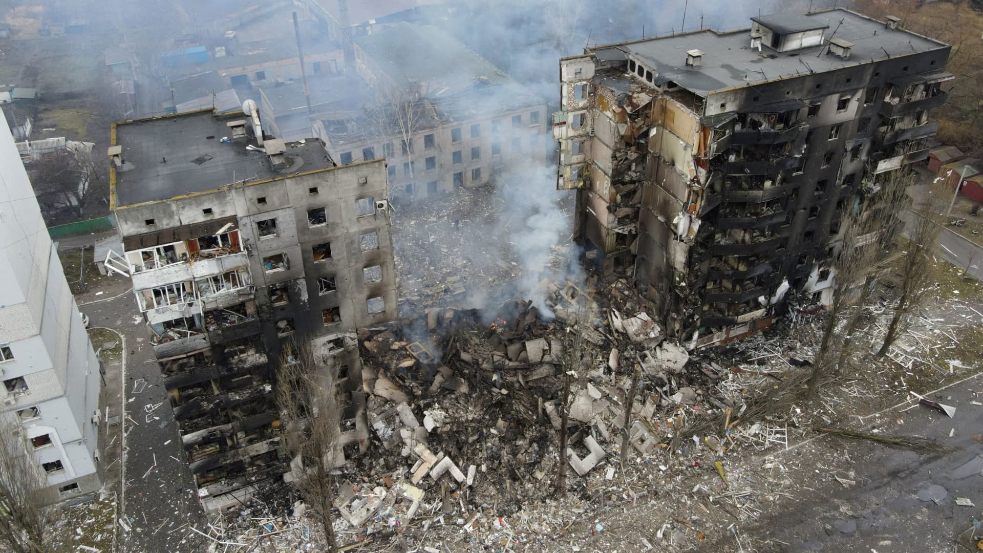 An aerial view shows a residential building destroyed by shelling, as Russia's invasion of Ukraine continues, in the settlement of Borodyanka in the Kyiv region, Ukraine March 3, 2022.