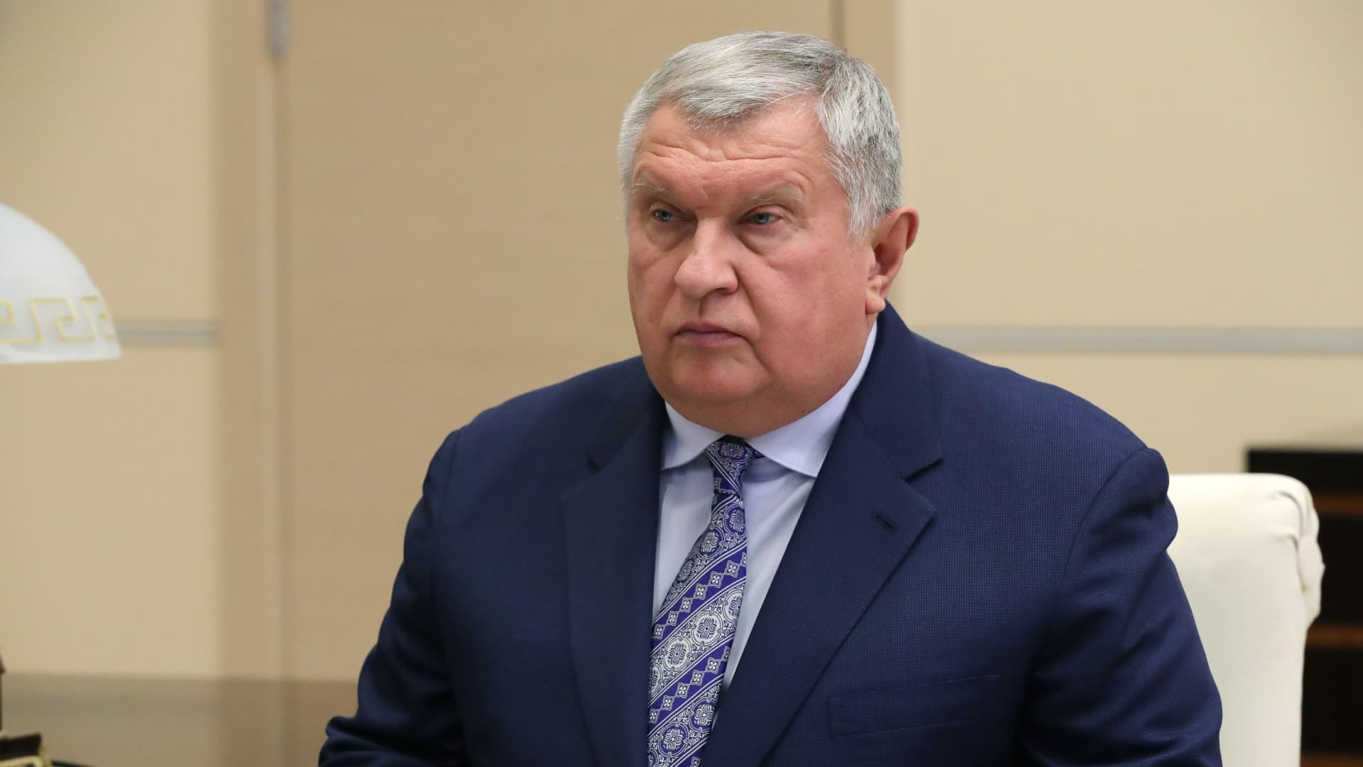 Rosneft CEO and Chairman of the Management Board Igor Sechin is seen during a meeting with Russia's President Putin in the presidential residence in Novo-Ogaryovo.