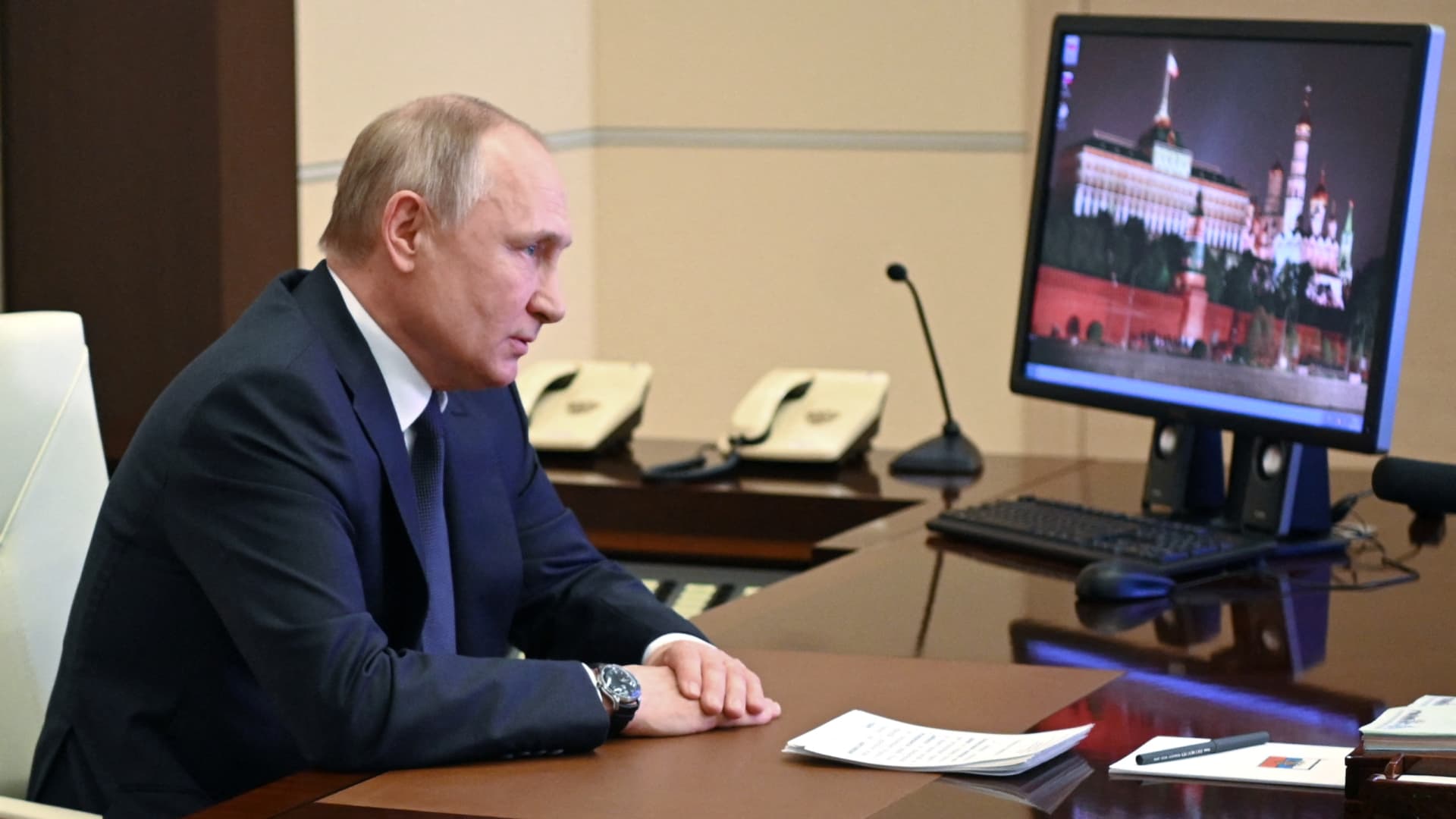 Russian President Vladimir Putin chairs a meeting with members of the Security Council via a video link at the Novo-Ogaryovo state residence outside Moscow, Russia March 3, 2022.
