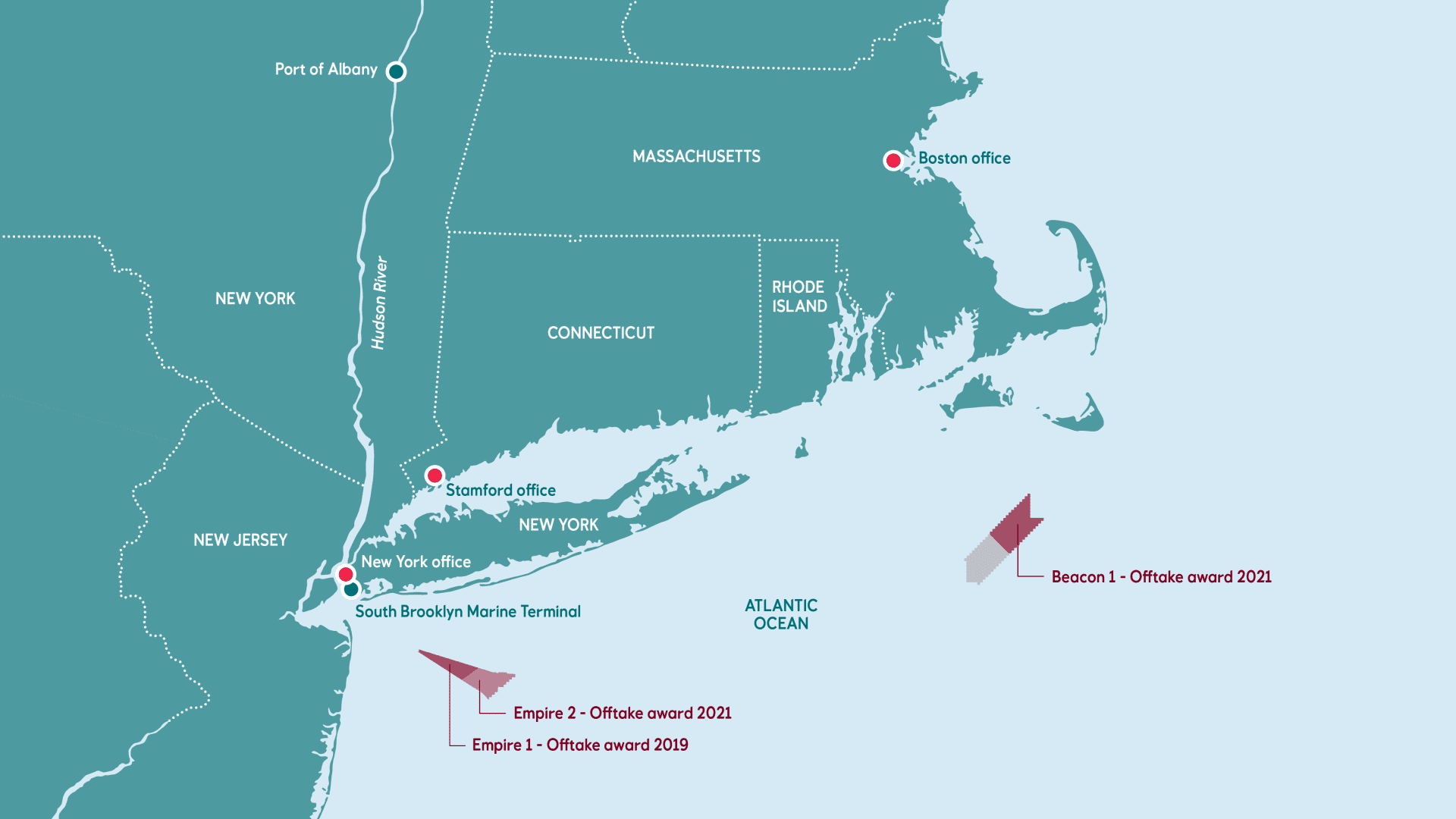 A map showing the location of future wind turbines, the Empire Wind and Beacon Wind projects.