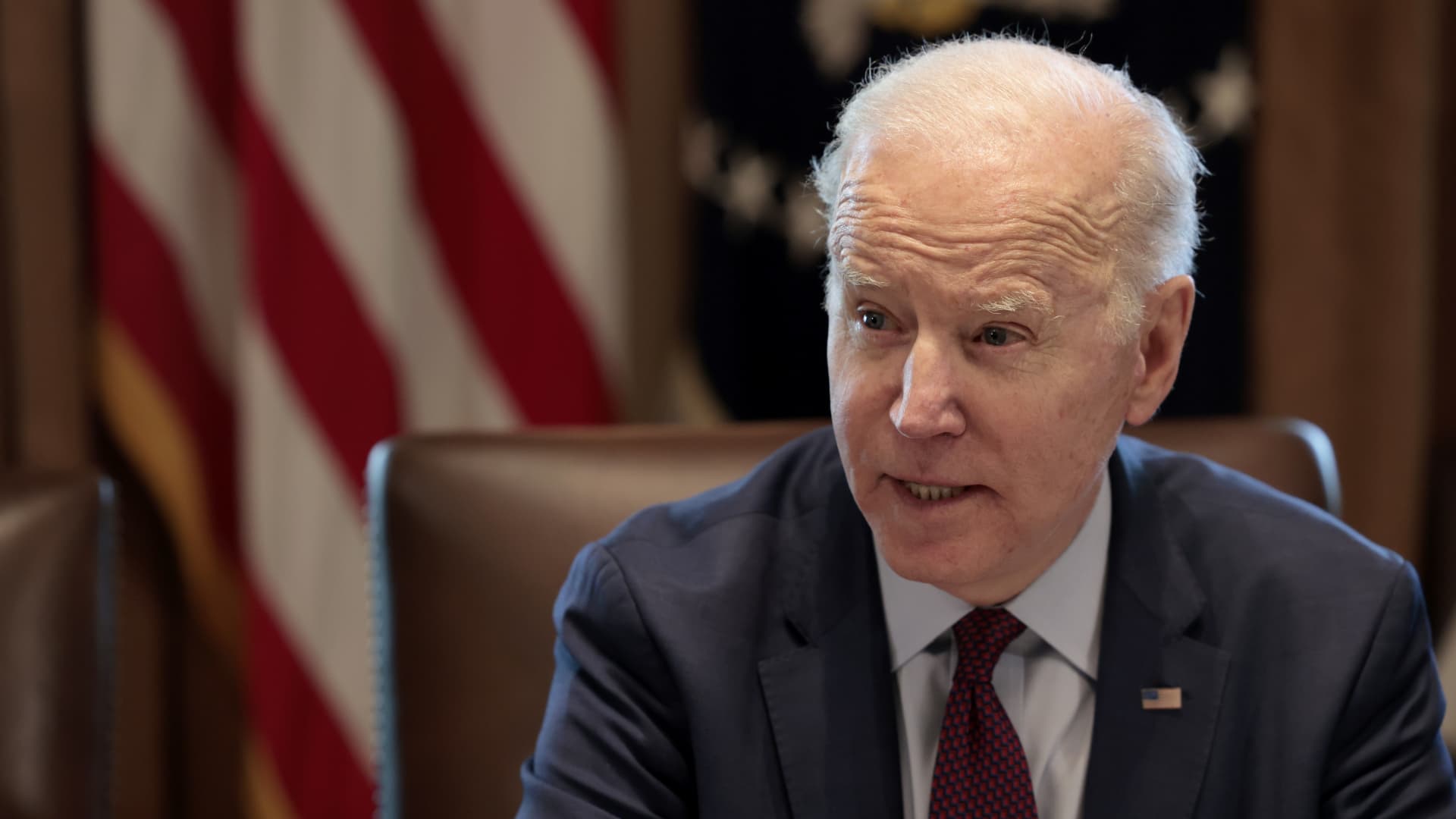 President Joe Biden speaks to reporters before the start of a cabinet meeting in the Cabinet Room of the White House on March 03, 2022 in Washington, DC.