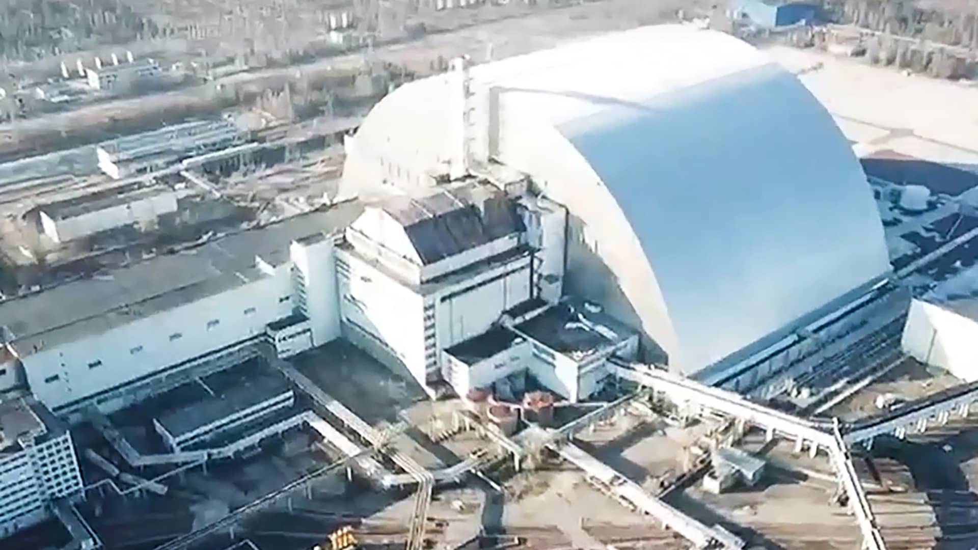 Pictured in this video screen grab is the Chernobyl Nuclear Power Plant. Russian Airborne troops and the Ukrainian National Guard are providing security at the nuclear power plant.