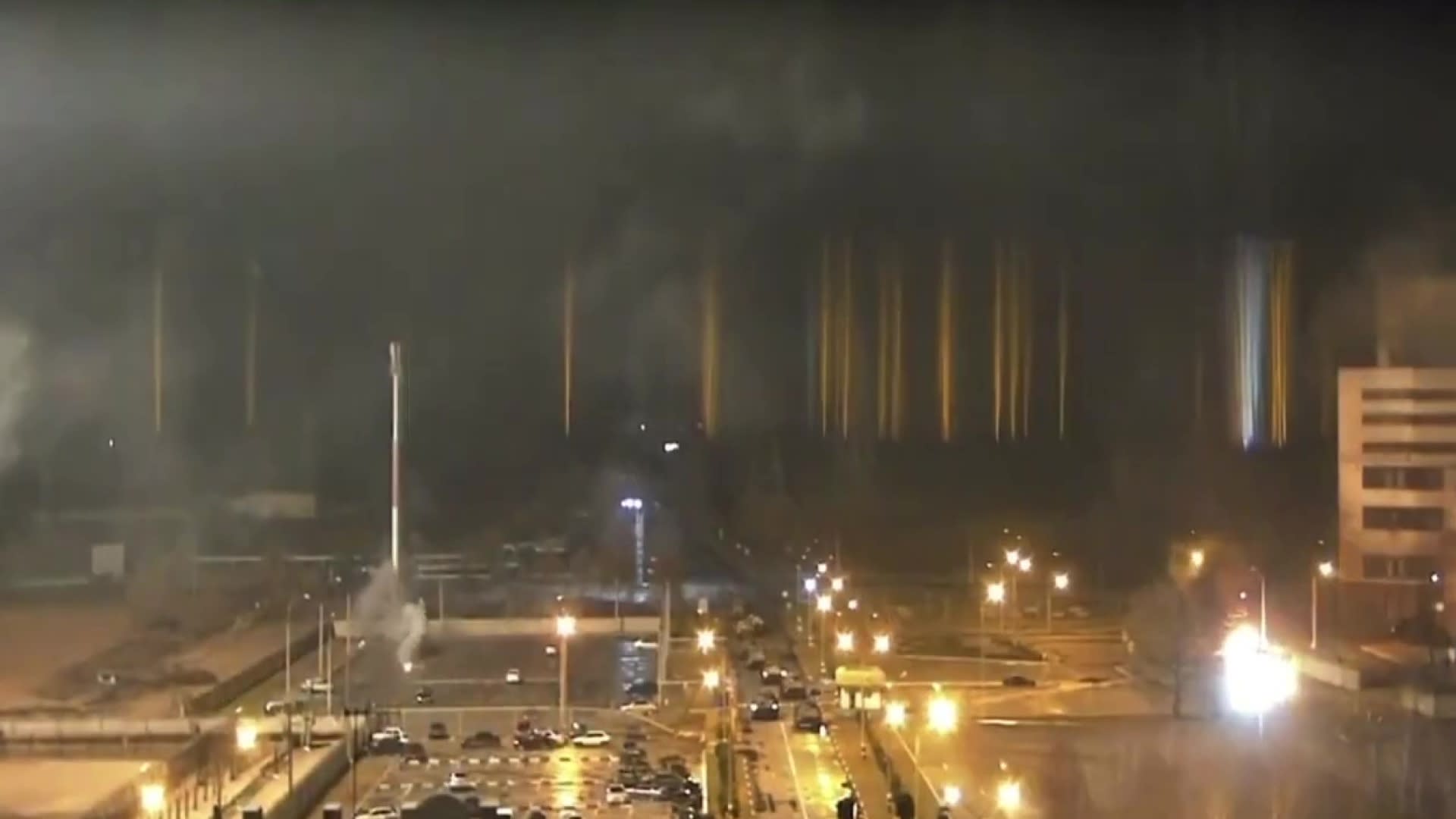 A screen grab captured from a video shows a view of Zaporizhzhia nuclear power plant during a fire following clashes around the site in Zaporizhzhia, Ukraine on March 4, 2022.