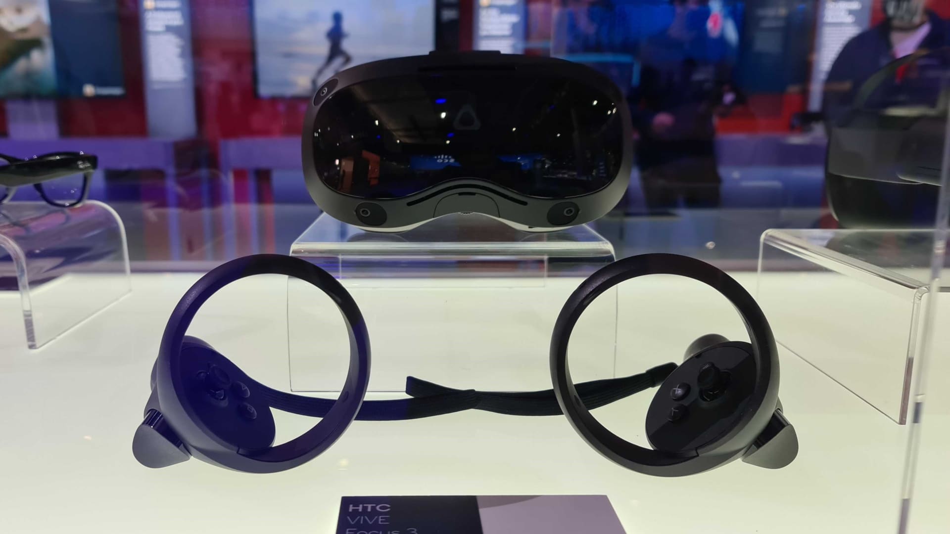 HTC's Vive Focus 3 virtual reality headset on display at Mobile World Congress 2022 in Barcelona, Spain.