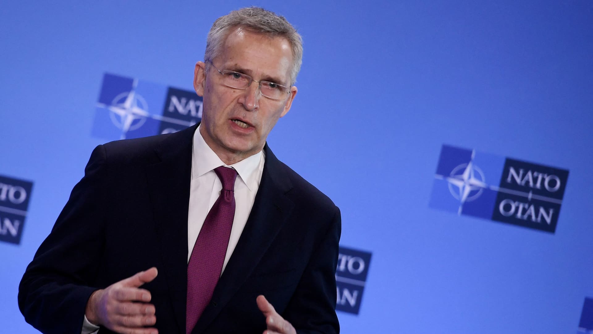 NATO Secretary General Jens Stoltenberg speaks to the media along side the US Secretary of State, prior to the start of a NATO foreign ministers' meeting following Russia's invasion of Ukraine, at the Alliance's headquarters in Brussels, Belgium, March 4, 2022.