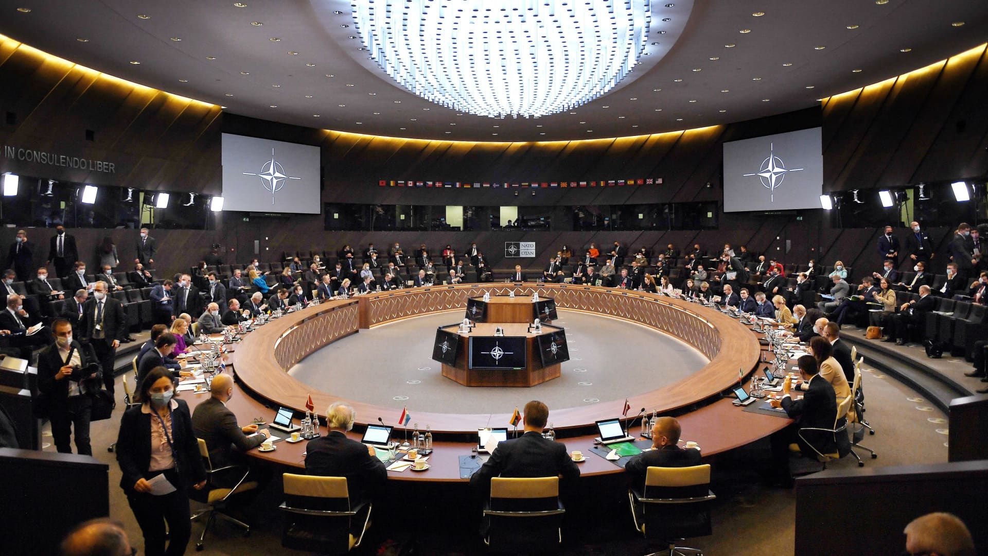 A view of a meeting of the North Atlantic Council (NAC) at the level of Foreign Ministers gather at the NATO Headquarters in Brussels, March 4, 2022.