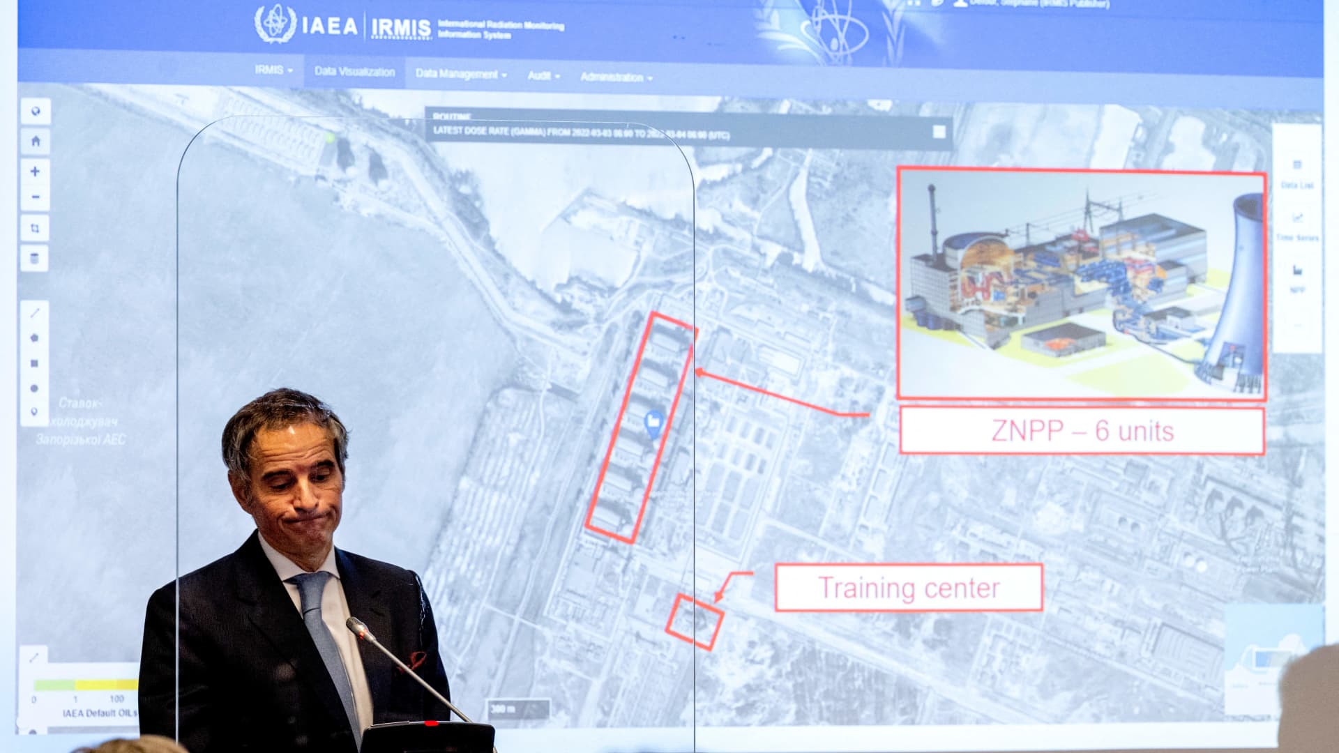 Rafael Grossi, Director General of the International Atomic Energy Agency, stands in front of a map of the Ukrainian Zaporizhzhia power plant during a special press conference at the IAEA headquarters in Vienna, Austria on March 4, 2022.