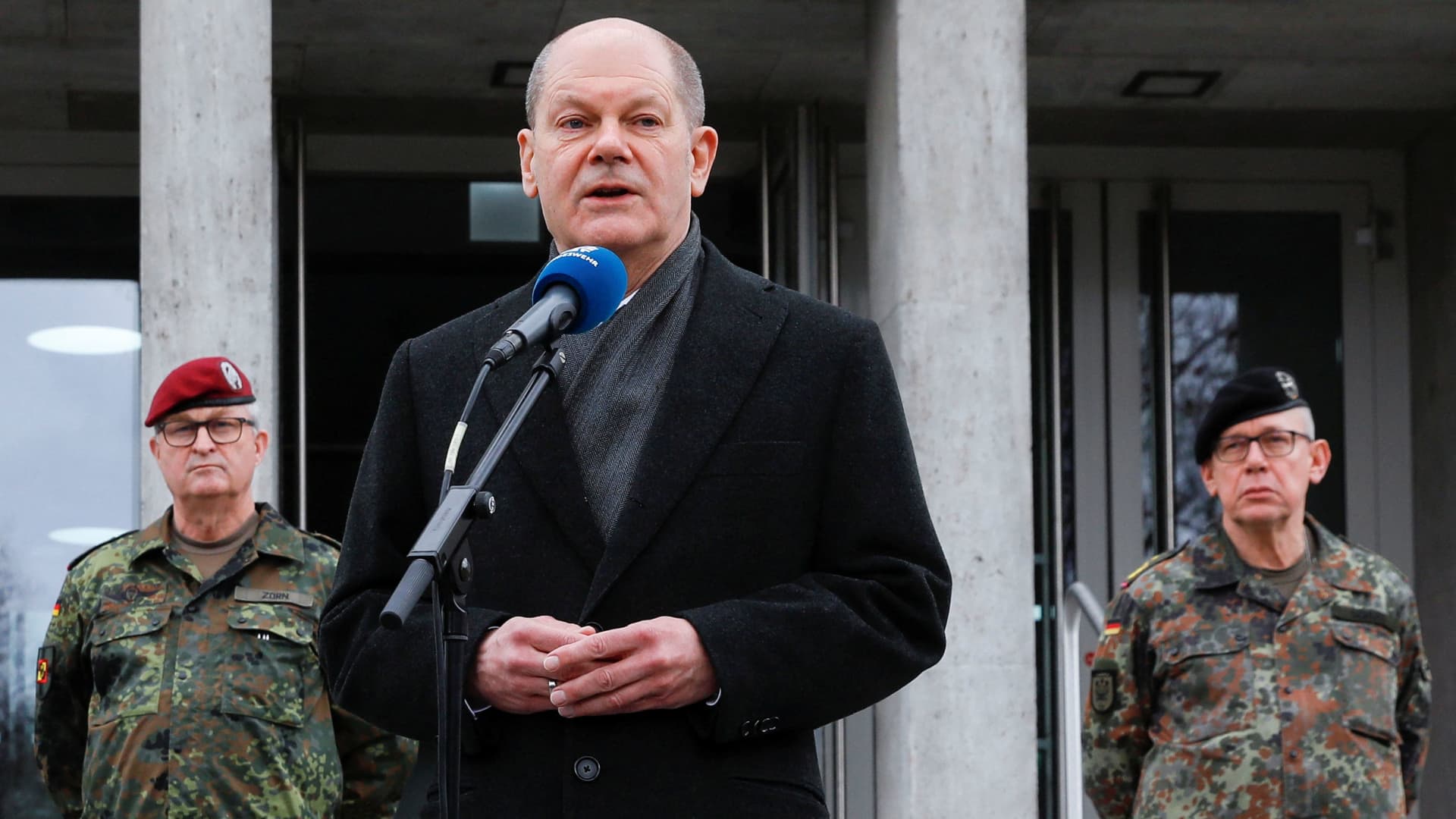 German Chancellor Olaf Scholz speaks during his visit at the German Army Operations Command in Schwielowsee, Germany March 4, 2022.