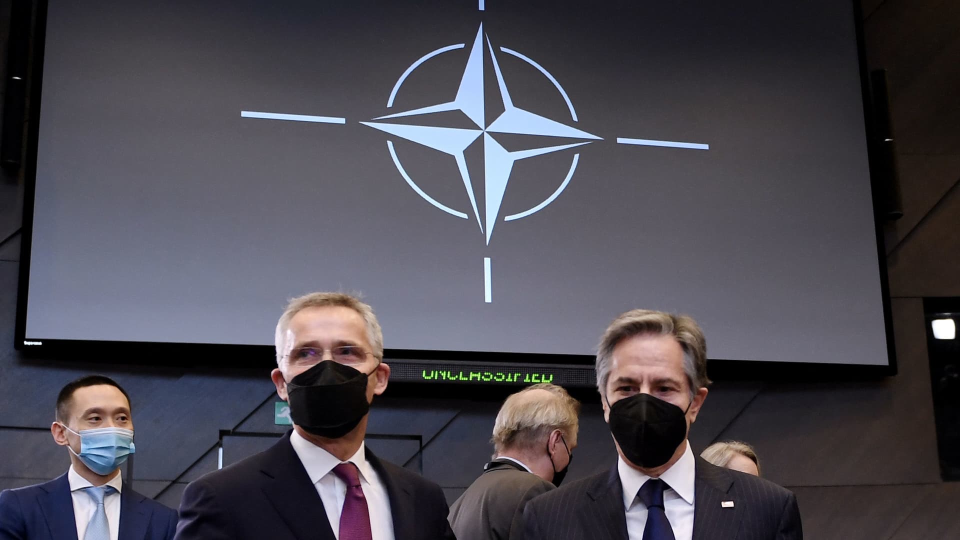 US State Secretary Antony Blinken and NATO Secretary General Jens Stoltenberg participate in a meeting of North Atlantic Council (NAC) in Foreign Ministers' session at the NATO Headquarters in Brussels, Belgium, March 4, 2022.