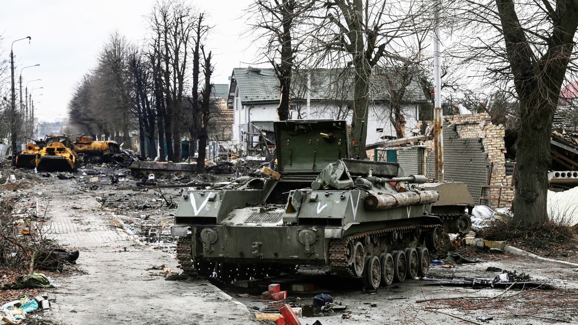 This general view shows destroyed Russian armored vehicles in the city of Bucha, west of Kyiv, on March 4, 2022.