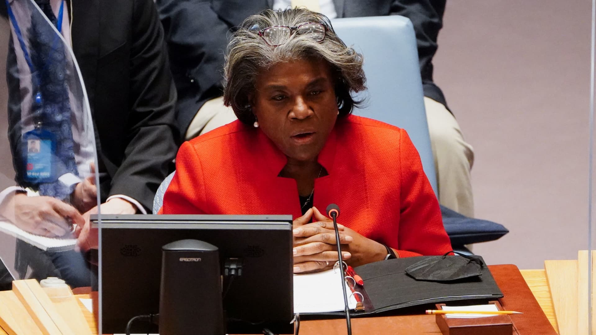 U.S. Ambassador to the U.N. Linda Thomas-Greenfield speaks during an emergency meeting of the United Nations Security Council after Russia's invasion of Ukraine, in New York City, U.S., March 4, 2022.