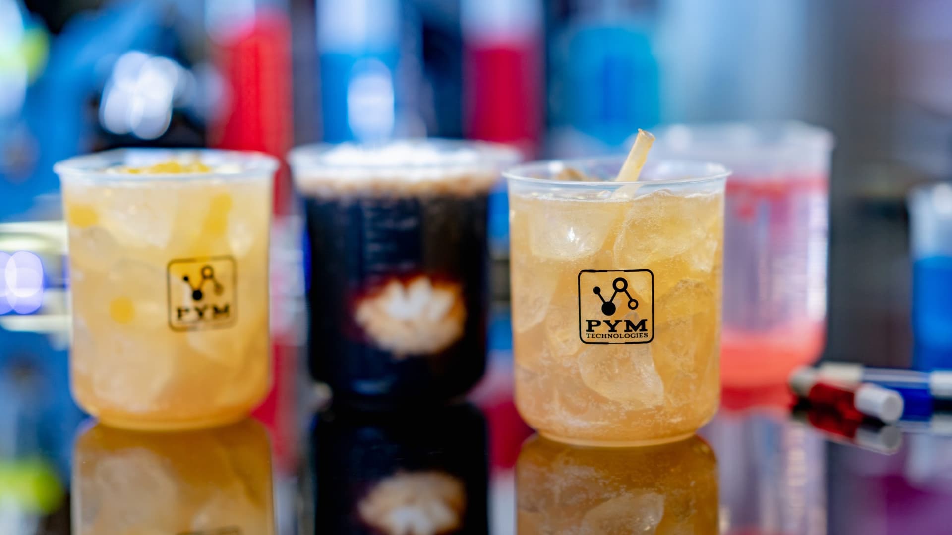 Pym Tasting Lab, adjacent to the Pym Test Kitchen in Avengers Campus at Disney California Adventure Park, features alcoholic drinks for adults, including: X-Periment, Molecular Meltdown, Honey Buzz and Particle Fizz.