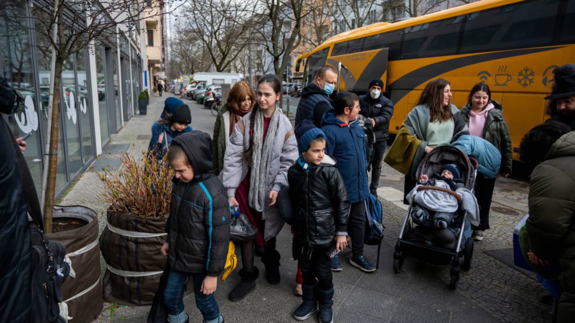 Refugee children from Odessa go to a hotel after their arrival. Two buses with children from an orphanage in Odessa have arrived in Berlin.