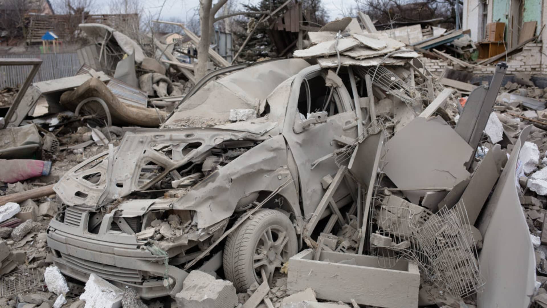 A view to a burned car as a result of a shelling on March 5, 2022 in Markhalivka, Ukraine.