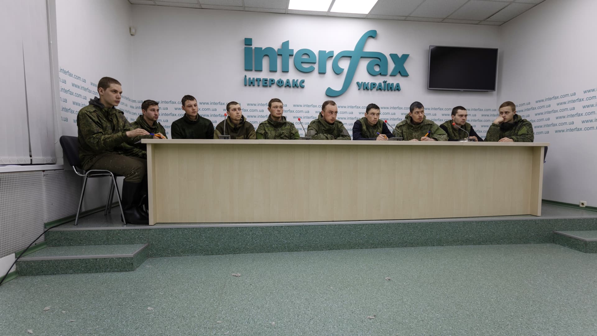 Eleven russian soldiers captured by Ukrainian forces make a press statement on March 5, 2022 in Kyiv, Ukraine.