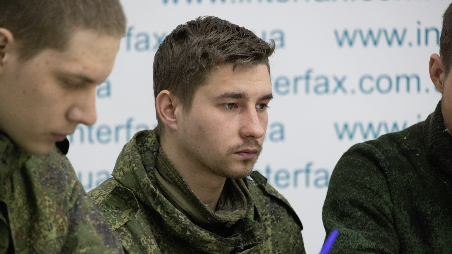 Eleven Russian soldiers captured by Ukrainian forces make a press statement on March 5, 2022 in Kyiv, Ukraine.