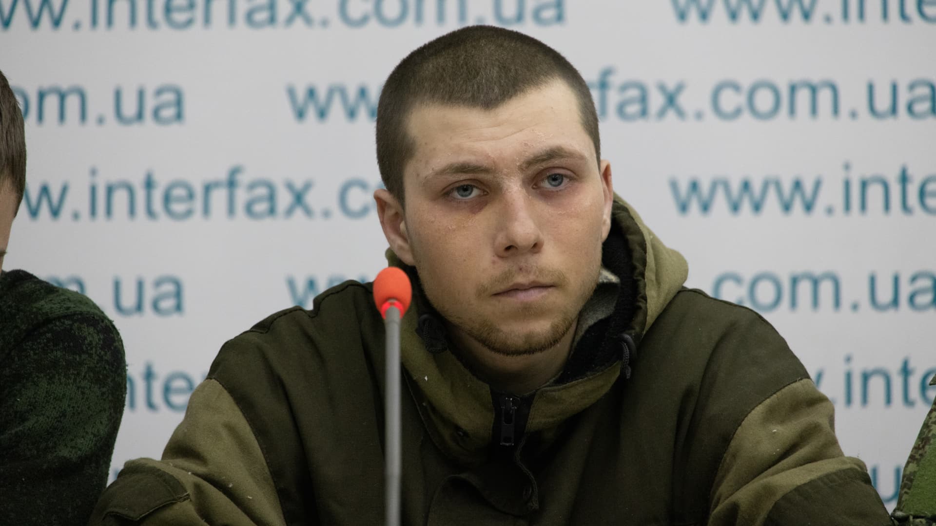 Eleven Russian soldiers captured by Ukrainian forces make a press statement on March 5, 2022 in Kyiv, Ukraine.