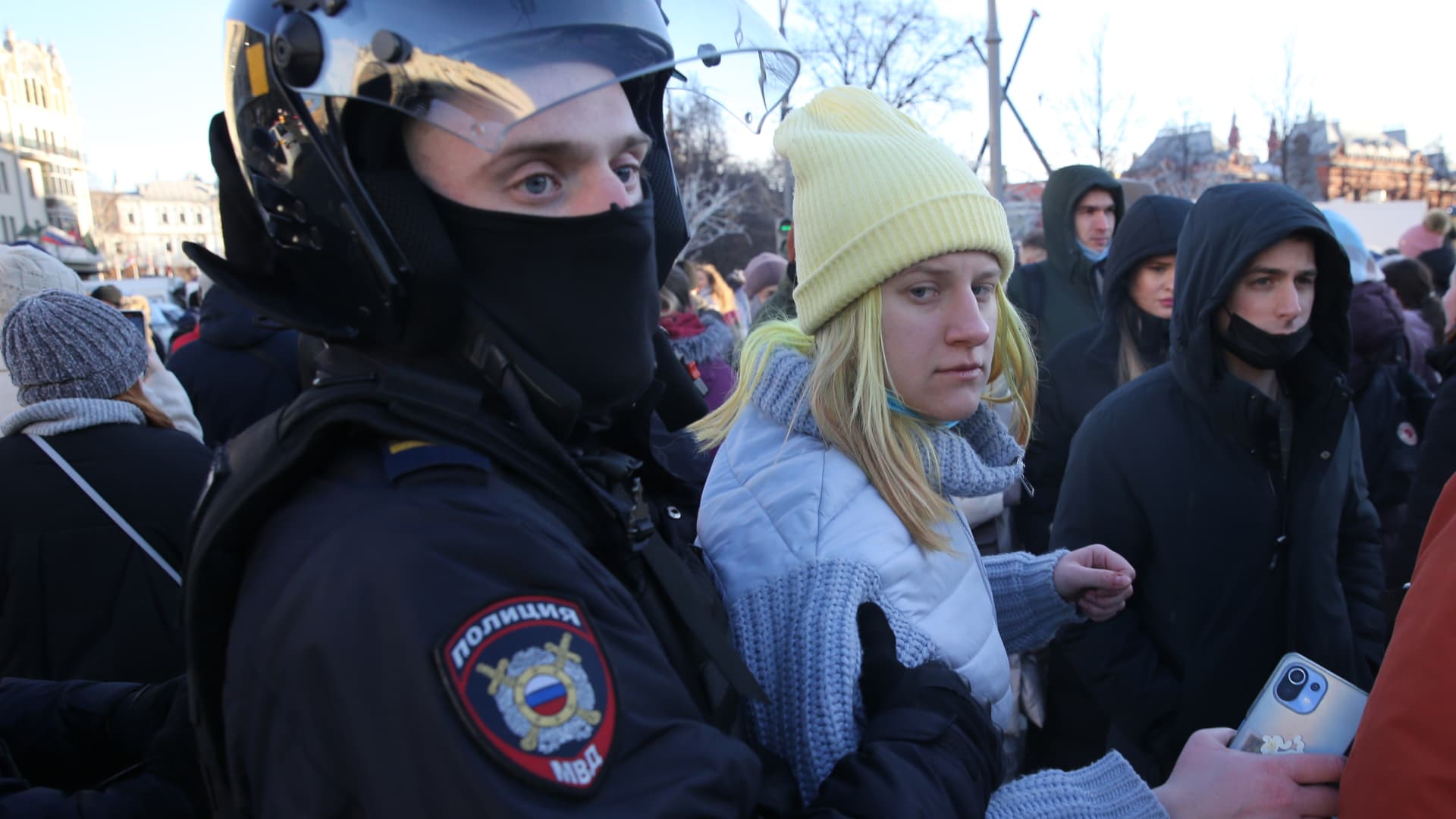 A Russian Police officer detains a woman during an unsanctioned protest rally against the military invasion on Ukraine, March,6,2022, in Central Moscow, Russia.