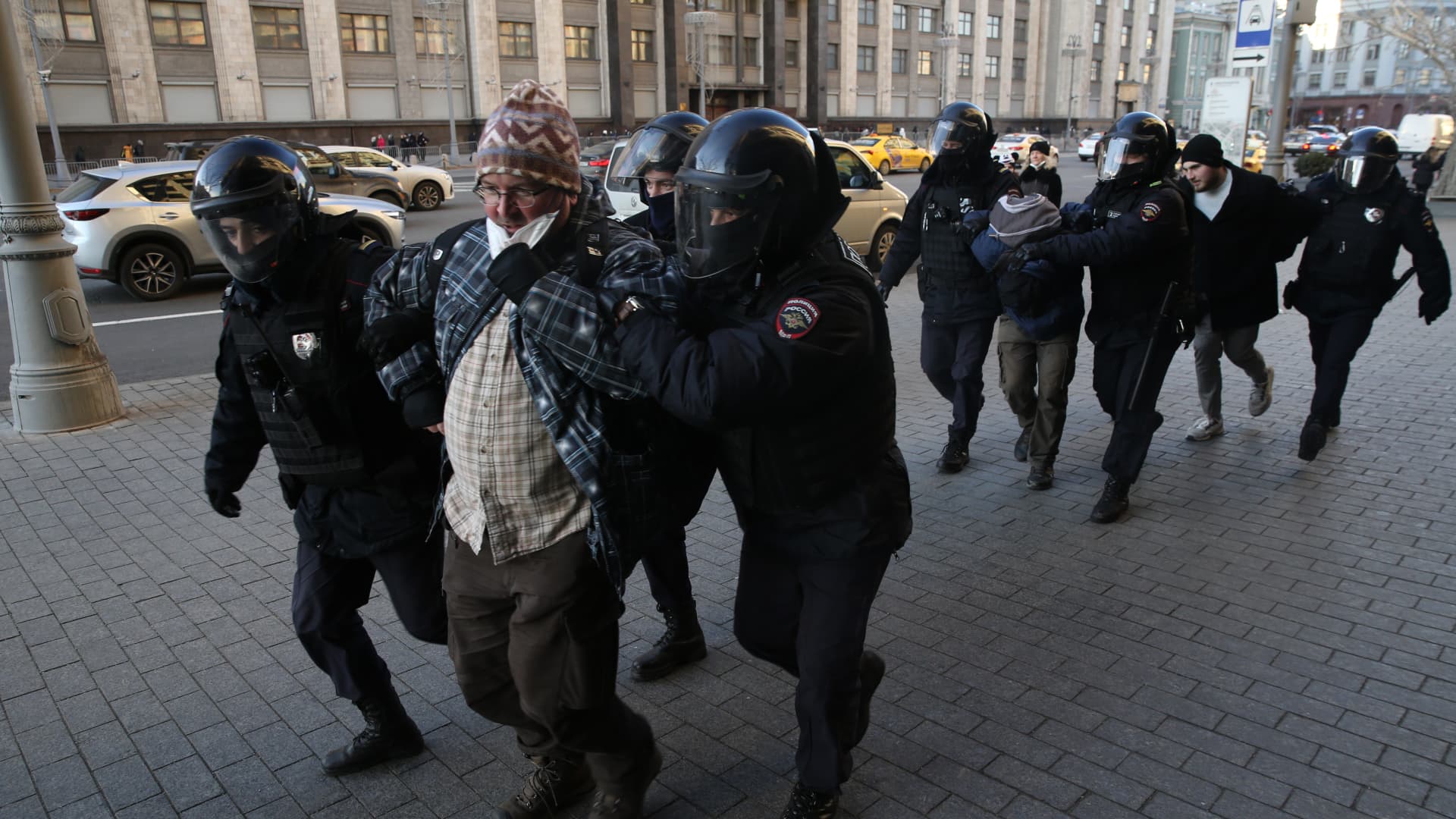 Russian Police officer detain men in front of State Duma during an unsanctioned protest rally against the military invasion on Ukraine, March, 6,2022, in Central Moscow, Russia.