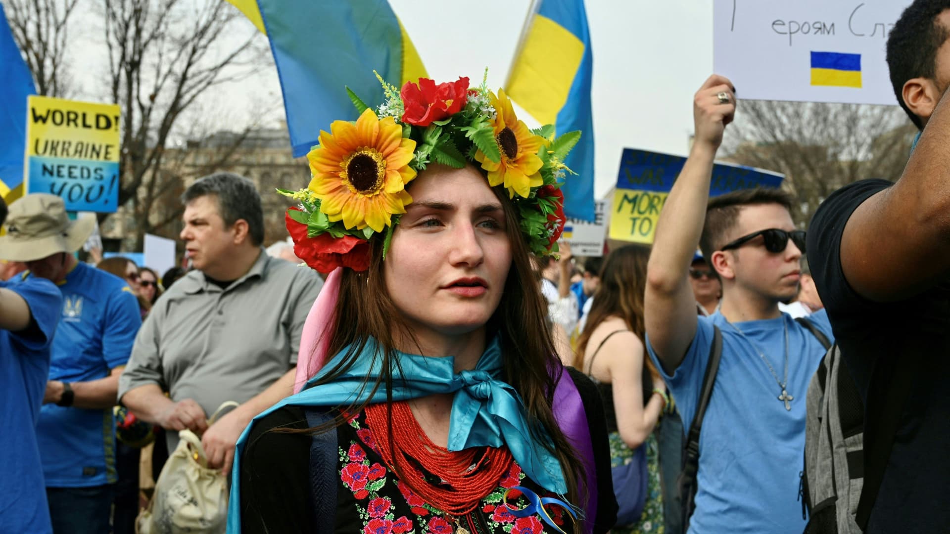 Participants attend a rally protesting the Russian invasion of Ukraine at Lafayette Square across the White House in Washington, DC, on March 6, 2022.