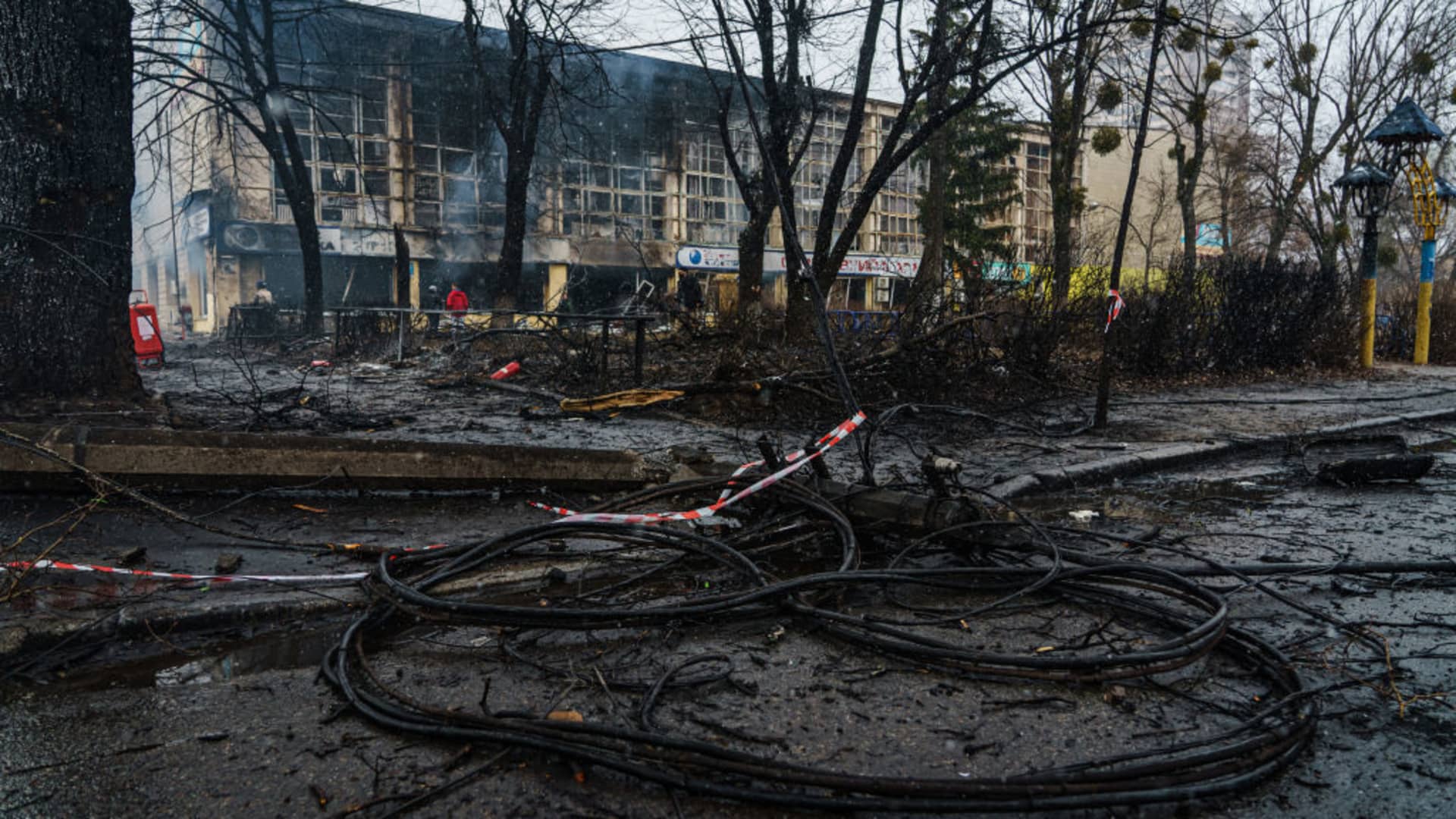 Damage caused by a Russian missile attack on a TV tower in Kyiv, Ukraine, on March 2, 2022.