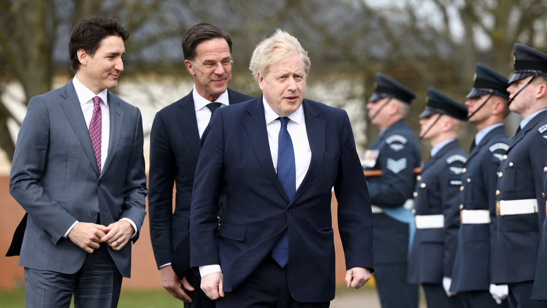 Canadian Prime Minister Justin Trudeau, Dutch Prime Minister Mark Rutte and British Prime Minister Boris Johnson at RAF Northolt on March 7, 2022 in London, England.