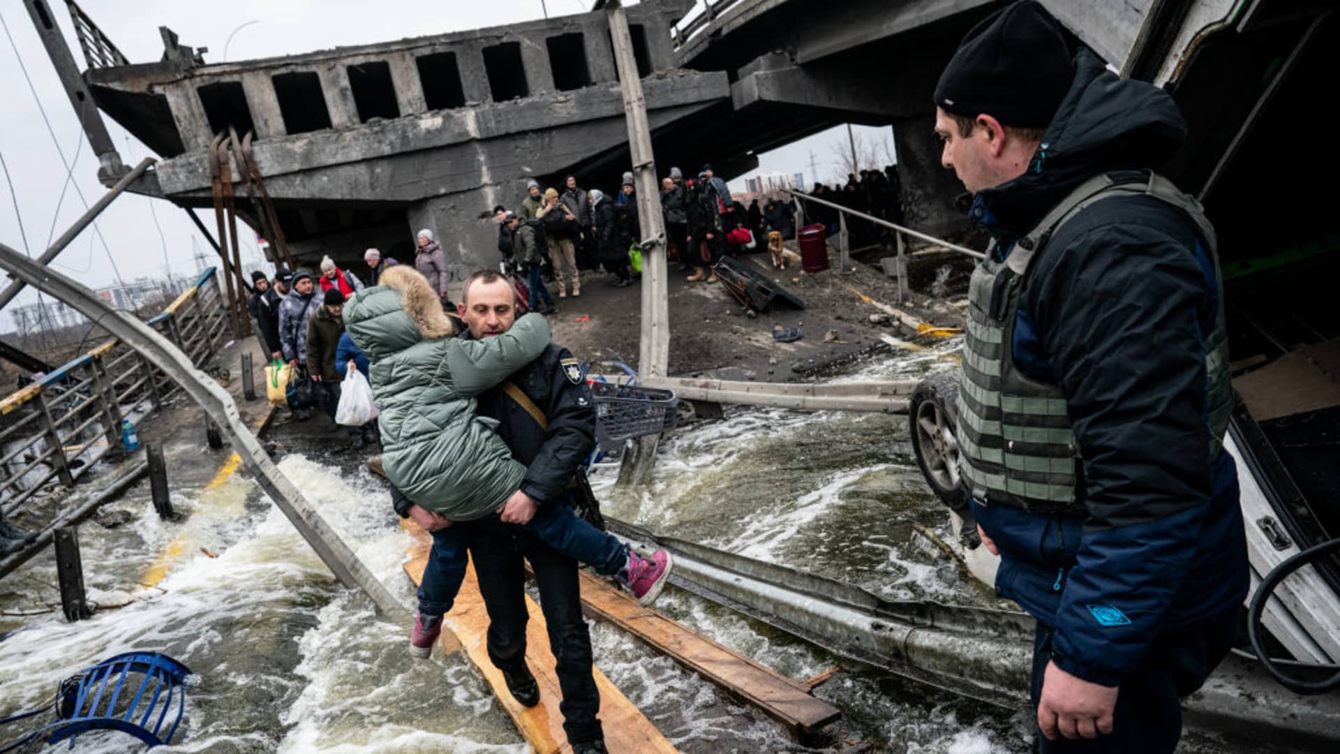 Civilians continue to flee from Irpin due to ongoing Russian attacks in Irpin, Ukraine on March 07, 2022.