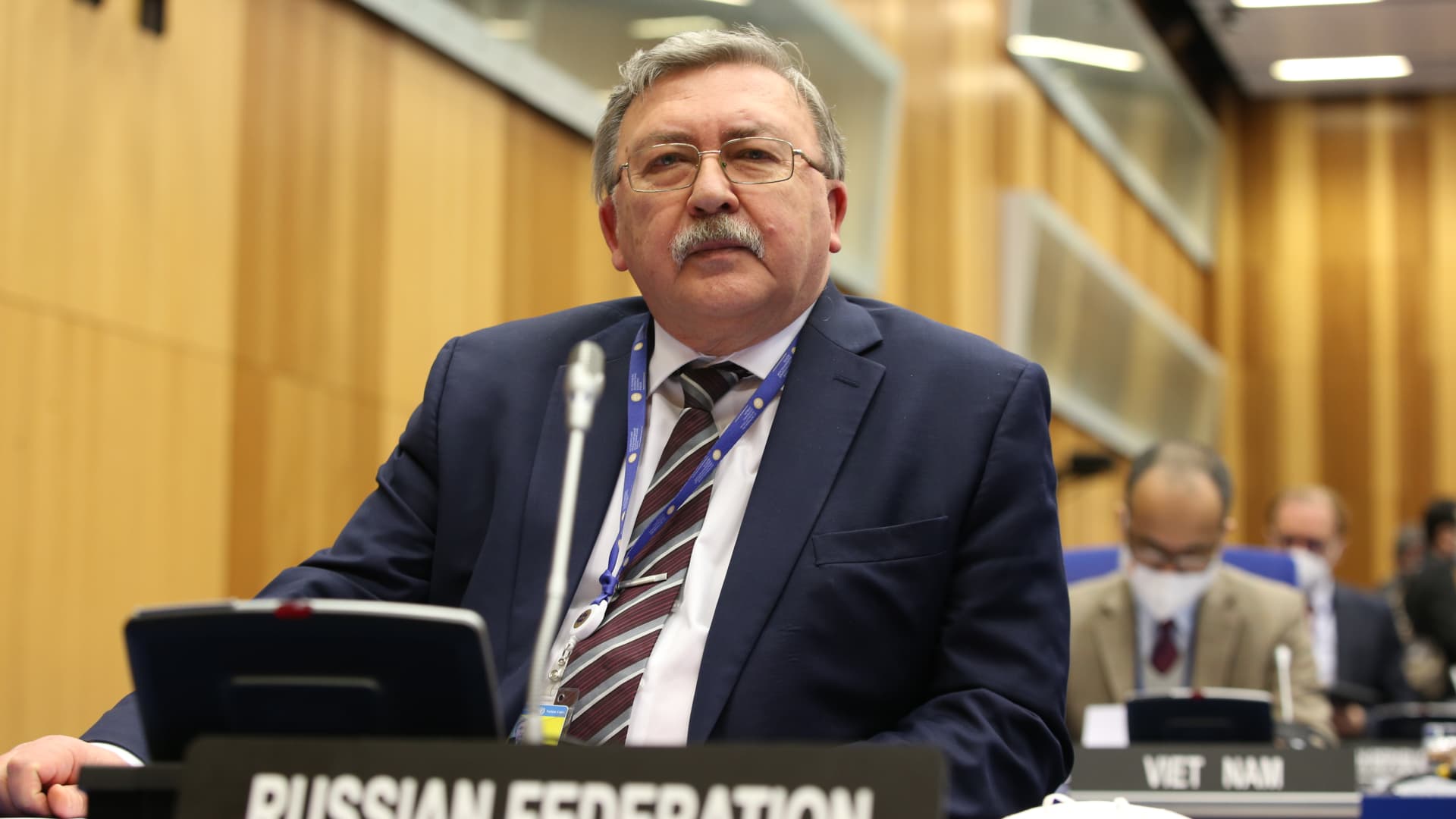 Russia's Governor to the International Atomic Energy Agency, Mikhail Ulyanov attends the IAEA Board of Governors meeting on the situations in Ukraine and Iran's nuclear activities at the IAEA headquarters IAEA headquarters of the UN seat in Vienna, Austria, on March 7, 2022.