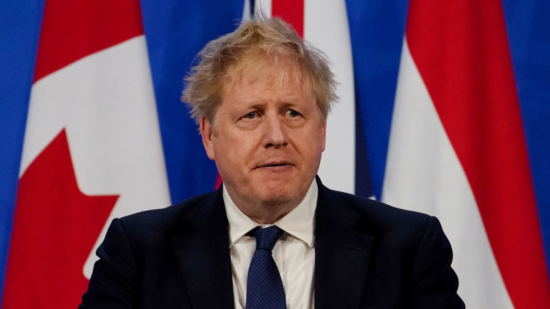 British Prime Minister Boris Johnson speaks during a joint press conference with Dutch Prime Minister Mark Rutte and Canadian Prime Minister Justin Trudeau in London, Britain, March 7, 2022.
