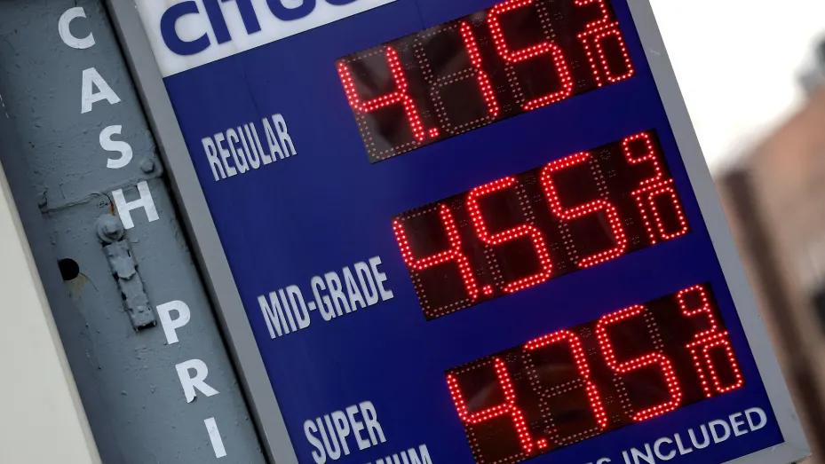 Gasoline prices are displayed at a gas station in Manhattan in New York City, New York, March 7, 2022.