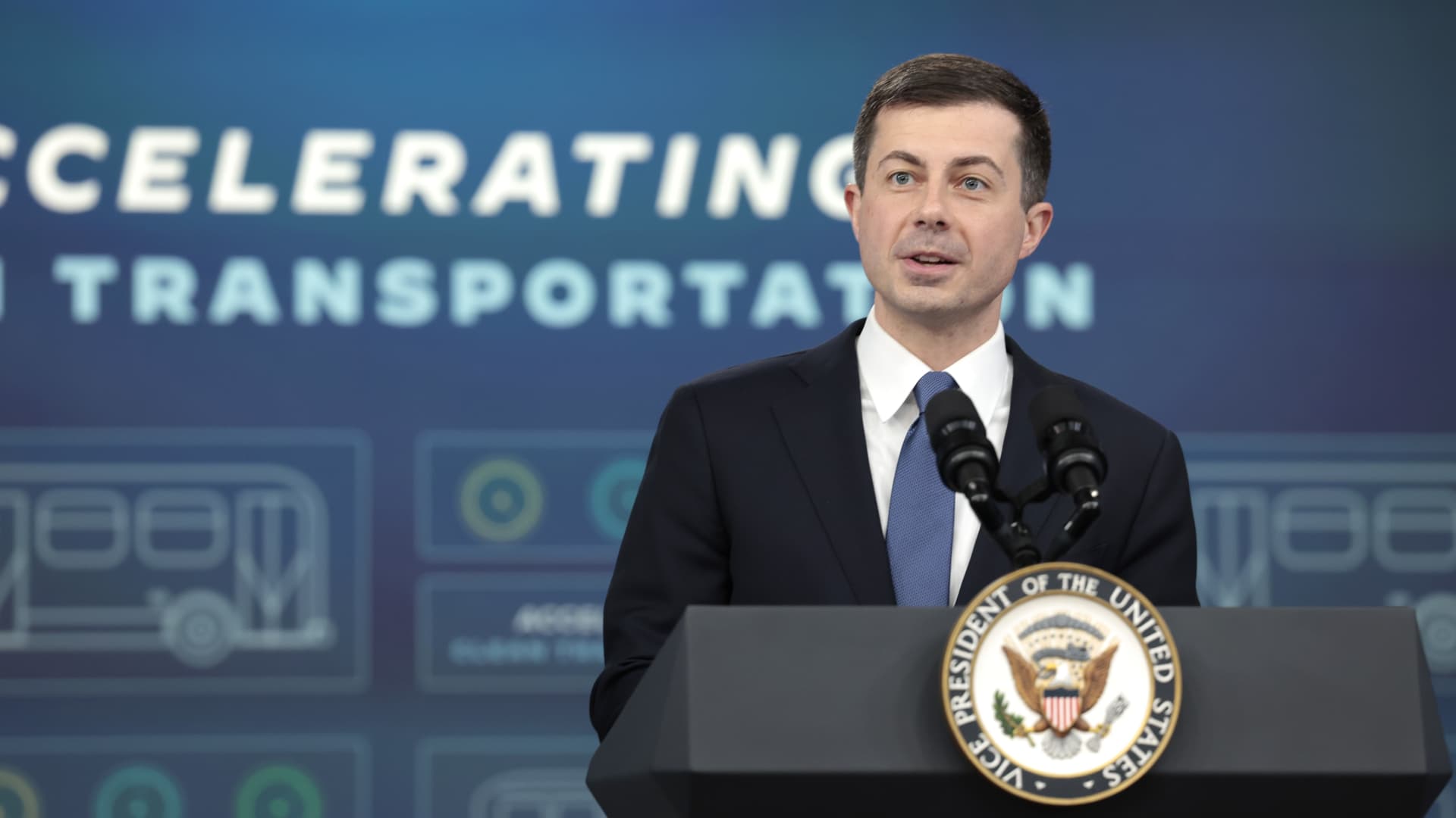 Secretary of the Department of Transportation Pete Buttigieg delivers remarks on new transportation initiatives at an event with U.S. Vice President Kamala Harris in the South Court Auditorium at Eisenhower Executive Office Building on March 07, 2022 in Washington, DC.