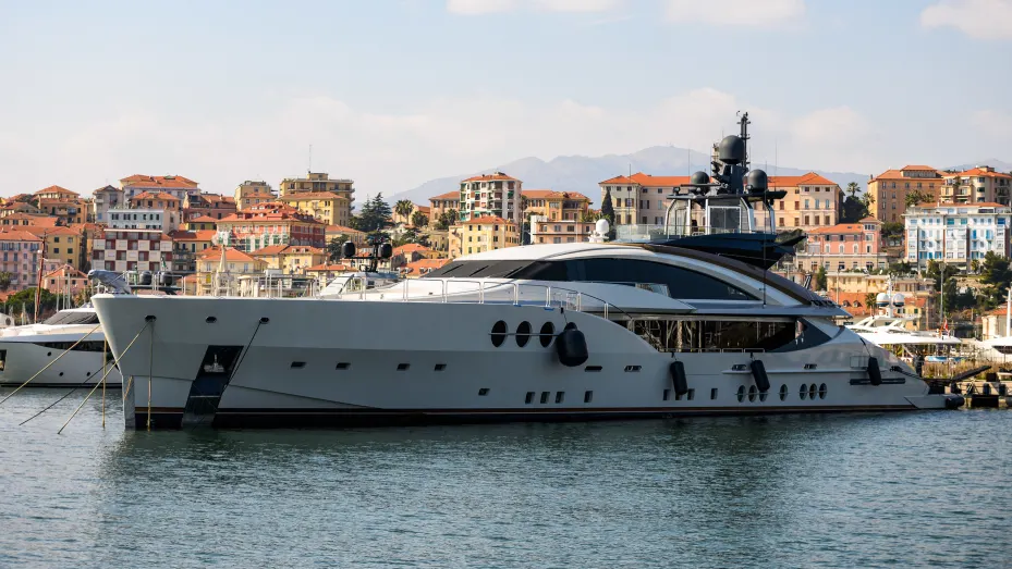 The seized Lady M superyacht, owned by Russian billionaire Alexey Mordashov, at the port in Imperia, Italy, on Monday, March 7, 2022.