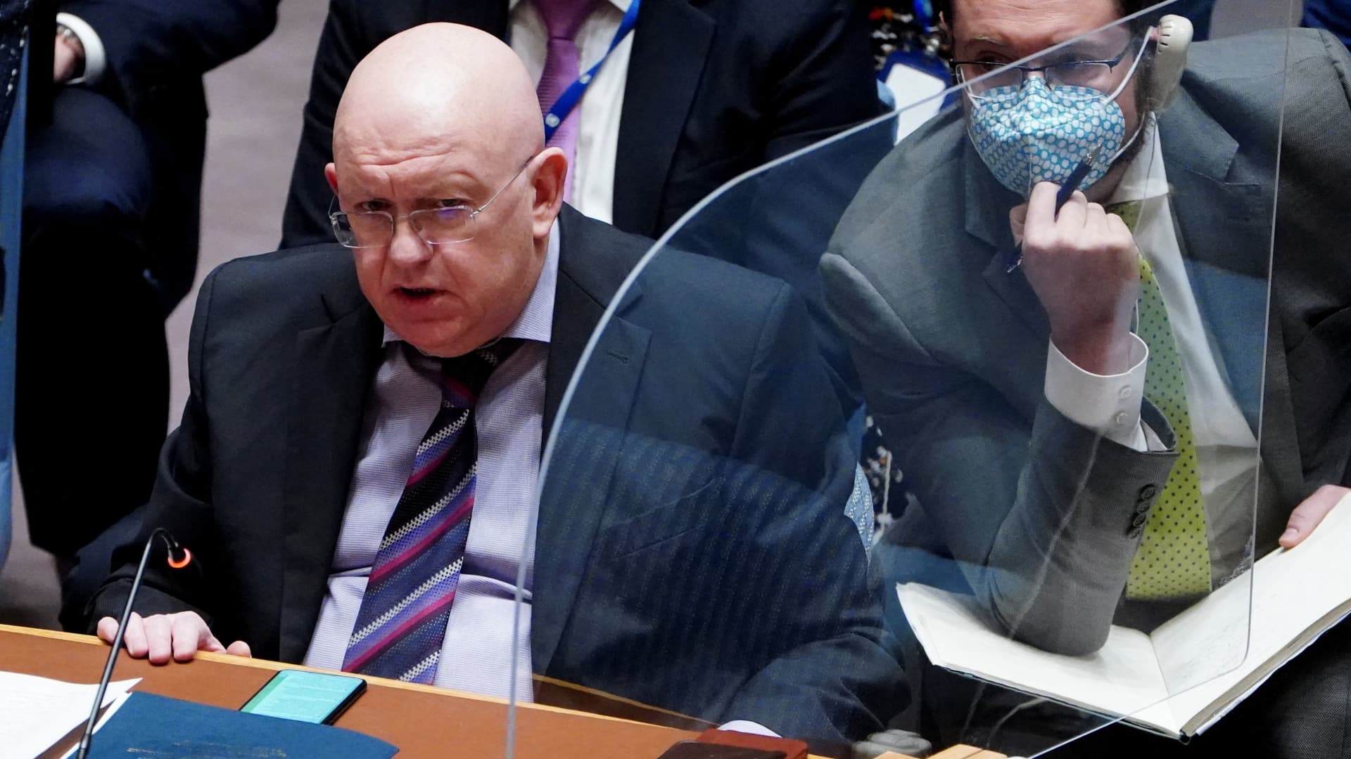 Russia's Ambassador to the UN Vassily Nebenzia speaks as he attends a meeting of the United Nations Security Council on Threats to International Peace and Security, following Russia's invasion of Ukraine, in New York City, U.S., March 7, 2022.