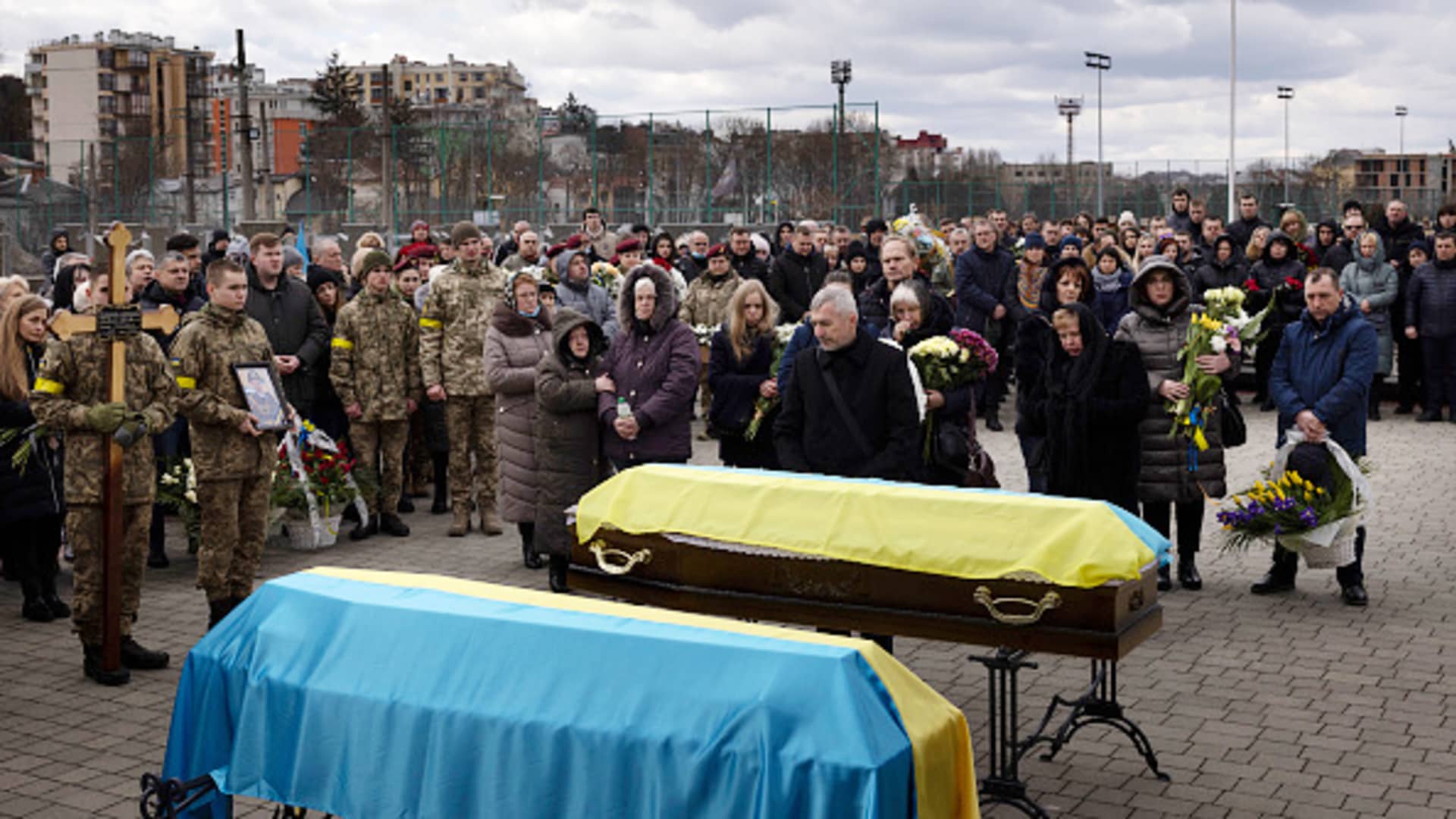 A service takes place at Lychakiv cemetery during a joint funeral for two soldiers who died in the east of the country during recent fighting, on March 08, 2022 in Lviv, Ukraine.